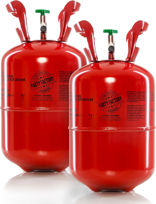 Party Factory set of 2 helium tanks for up to 50 balloons each, 2 helium cylinders with 14.1 cu. ft. gas each for party latex-, foil balloons