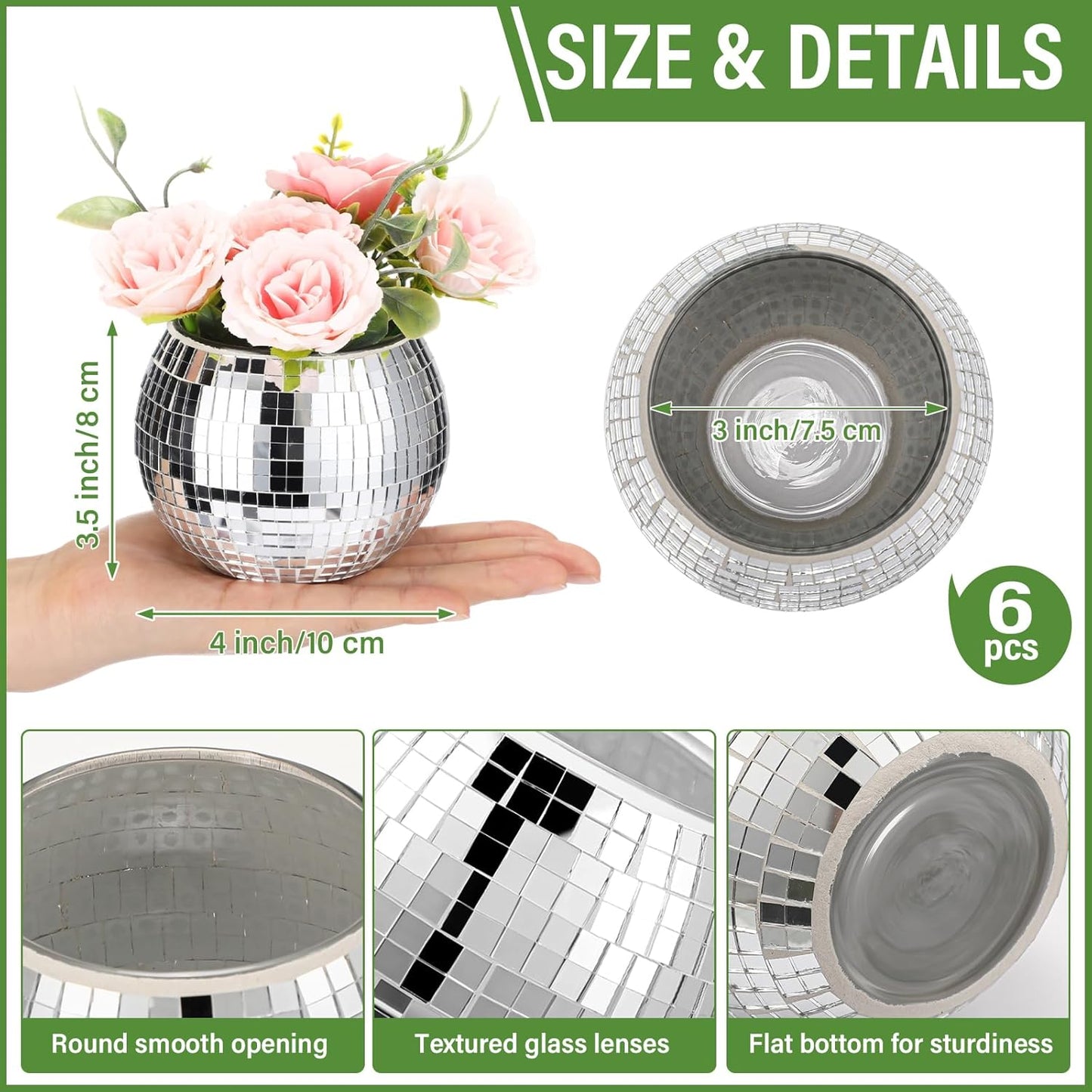 Jinei 12 Pcs Disco Vases Bulk Silver Mirror Disco Ball Flower Glass Ball Planter Candle Holder Glass Vase for Wedding Table Centerpieces Bedroom Office Birthday Decoration (3" X 4")