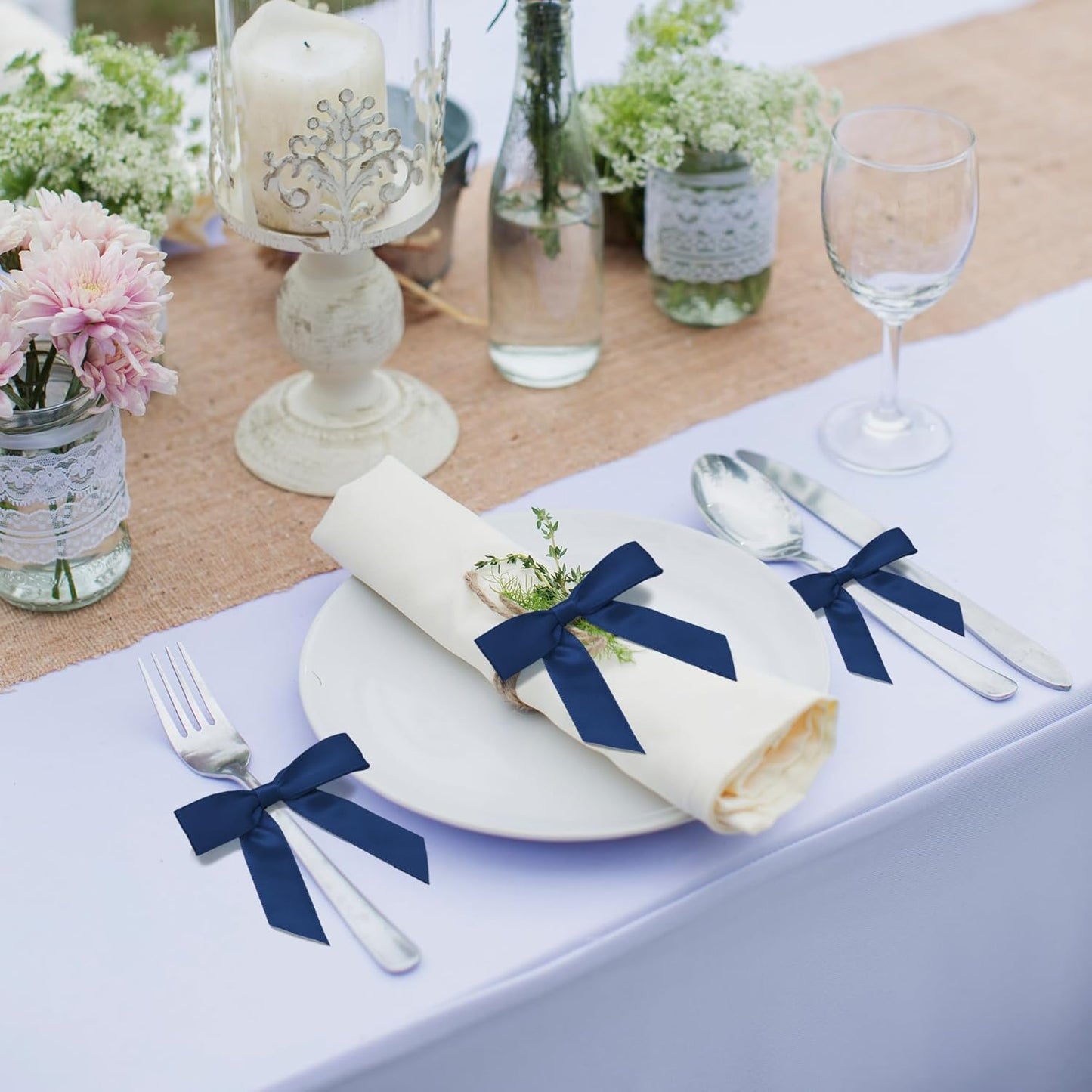 50Pcs Navy Blue Twist Tie Bows for Gift Wrapping 2.5" Satin Ribbon Bow for Treat Bags Cake Balloons Birthday Party Favors Wedding Decorations