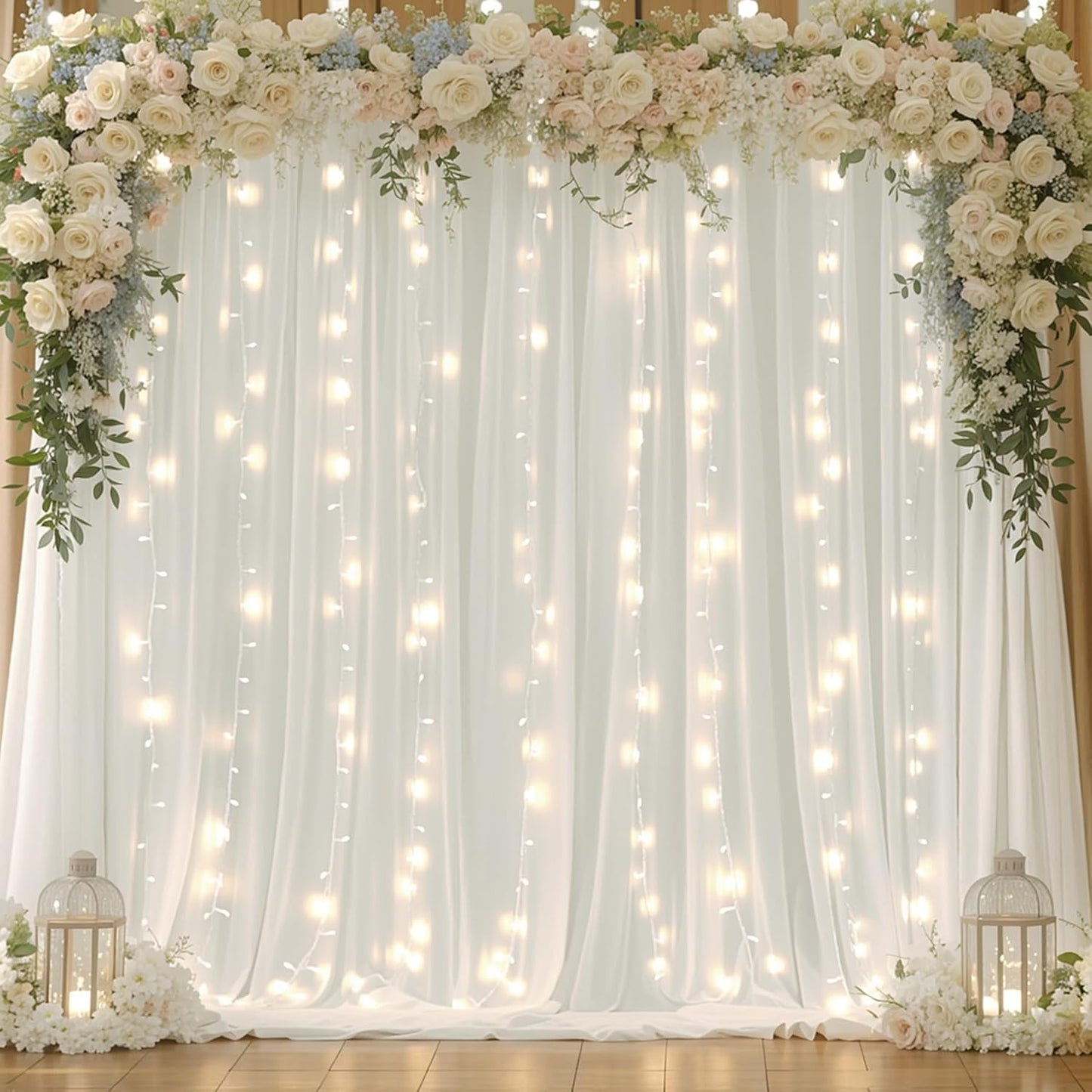 10x10ft Cream White Chiffon Backdrop Curtain with Lights String for Wedding Parties, Sheer Photo Backdrop Curtains for Baby Shower Bridal Shower Birthday Party Ceremony Reception