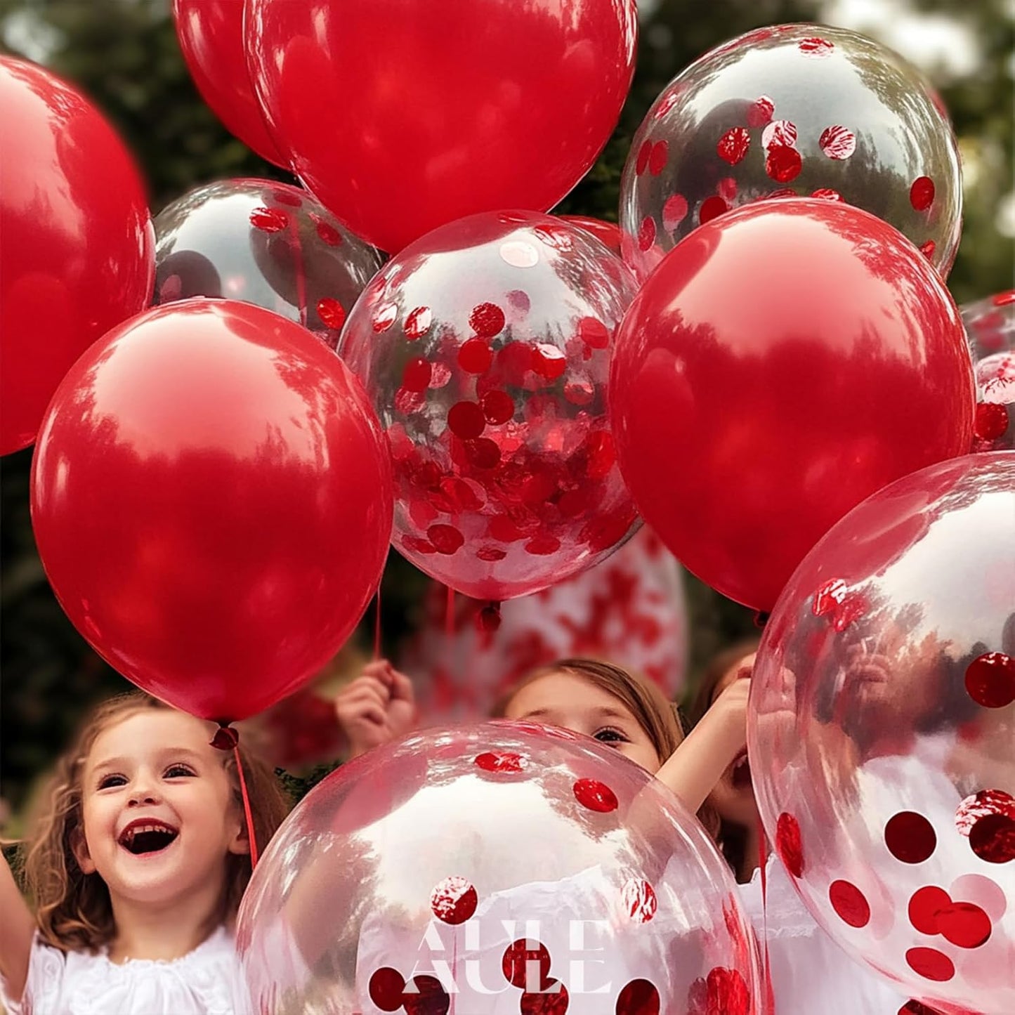 AULE Party Balloons Pack of 42-12in Red Confetti Balloons & Red Latex Balloons and 64ft Ribbons - 12 Inches Balloons Decorations Set