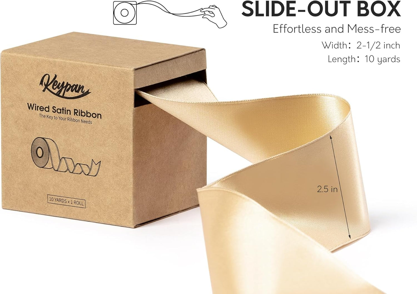 Champagne Gold Satin Ribbon Double-Faced Wired Ribbons for Gift Wrapping Flower Bouquet Bows Wedding Invitation Christmas Decor Crafts 2-1/2 Inch 10 Yards