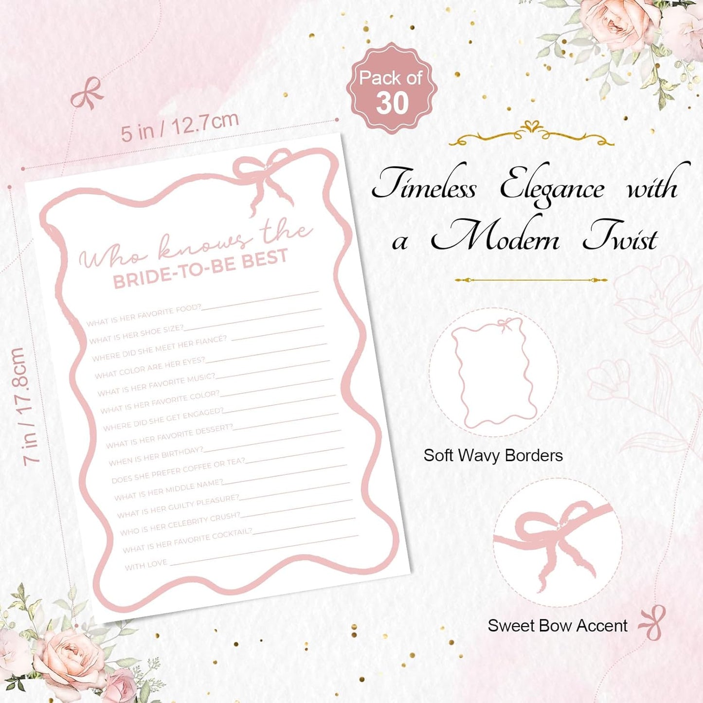 DEEKA 30 PCS Bridal Shower Games Card for 30 Guests White Pink Wavy Border Ribbon Bow Funny Wedding Bachelorette Party Games for Reception (Who Knows The Bride-to-be Best)