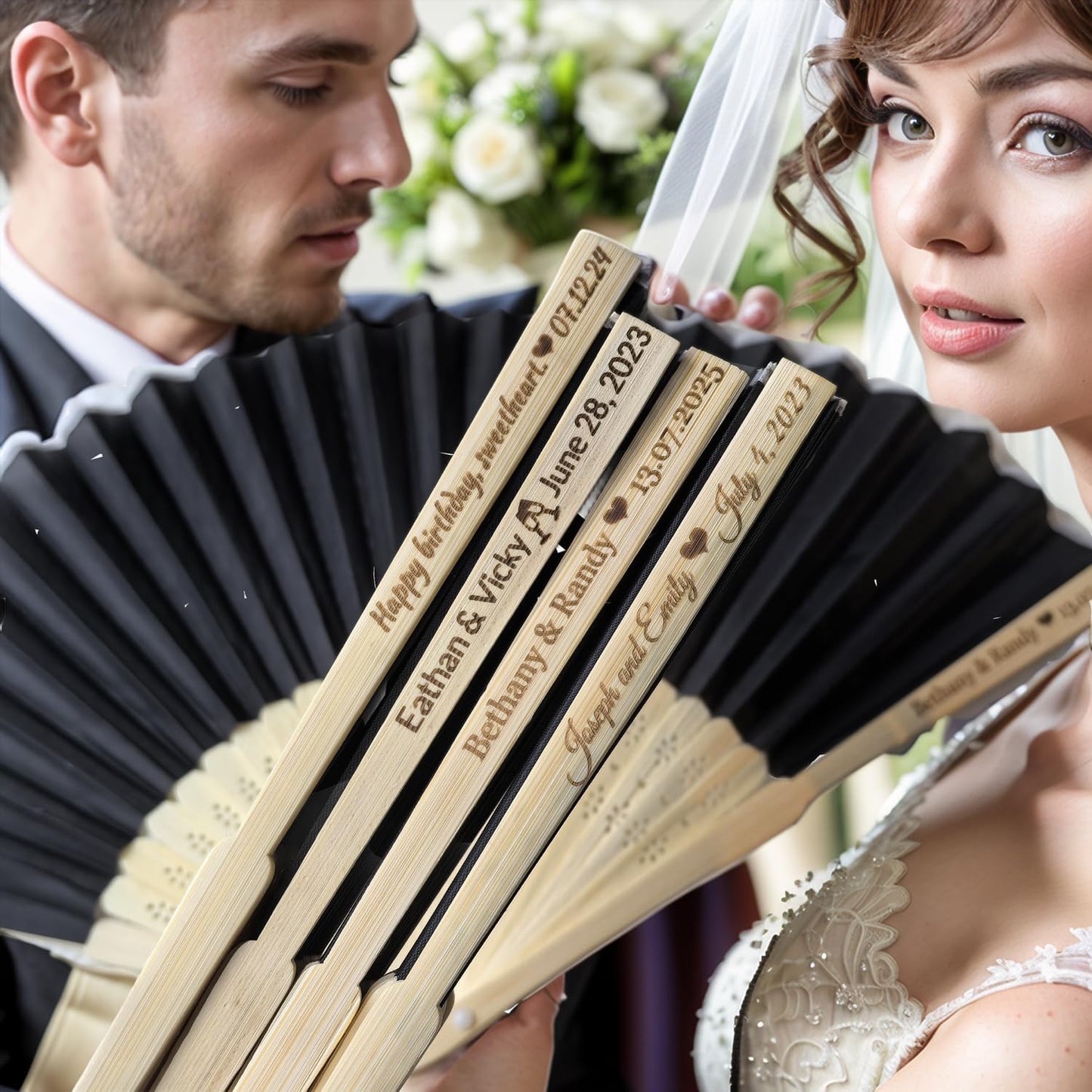 70Pcs Personalized Silk Fans Folding Hand Fan, Custom Wedding Bridal Party Favors, Summer Wedding Bride, Wedding Gift, Thank You Gift (Black)