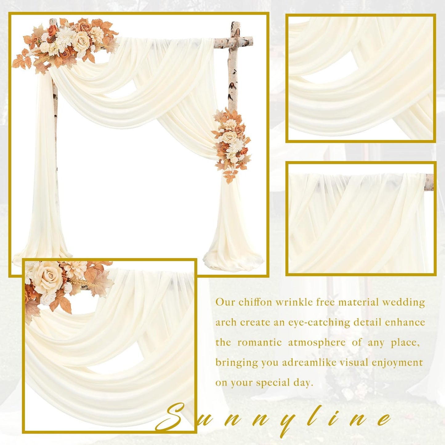 Wedding Arch Draping Fabric 8 Panels 20Ft Length x 28" Width Ivory Arch Drapes Chiffon Fabric Sheer Curtains Backdrop for Party Bridal Ceremony Ceiling Decor Wedding Stage Reception Decorations