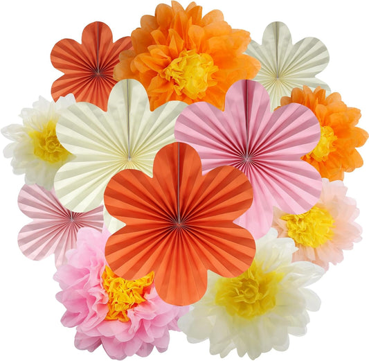 BestoFun 12PCS Paper Flowers Fans Pink Orange Party Decorations Tissue Paper Flowers Decorations for Girl Groovy Birthday Baby Shower Wedding Bachelorette Room Wall Hanging Décor