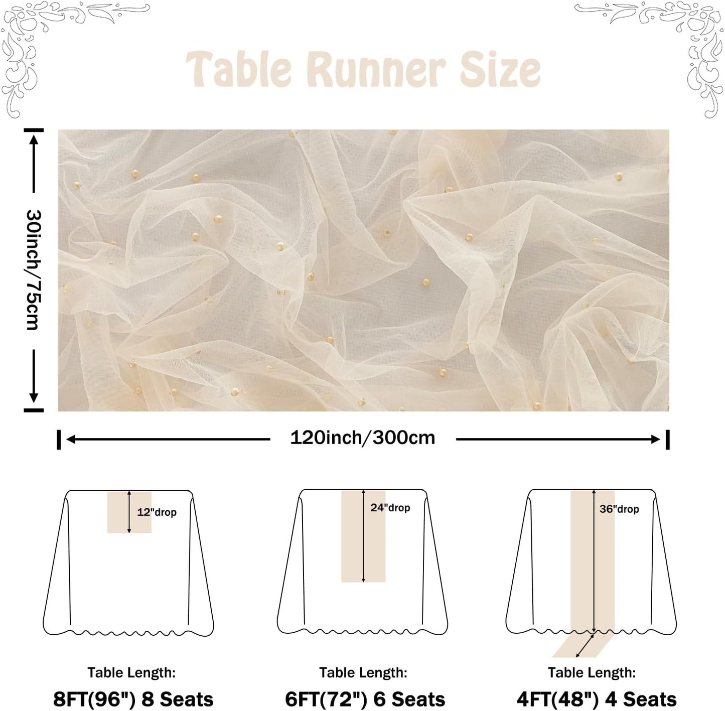 Fanami 6 Pack Pearl Table Runner -10FT Champagne Gold Boho Tulle Table Runners 120 Inches Long Rustic Sheer Lace Fabric Centerpieces for Wedding Arch Birthday Party Bridal Veil Baby Shower Decorations