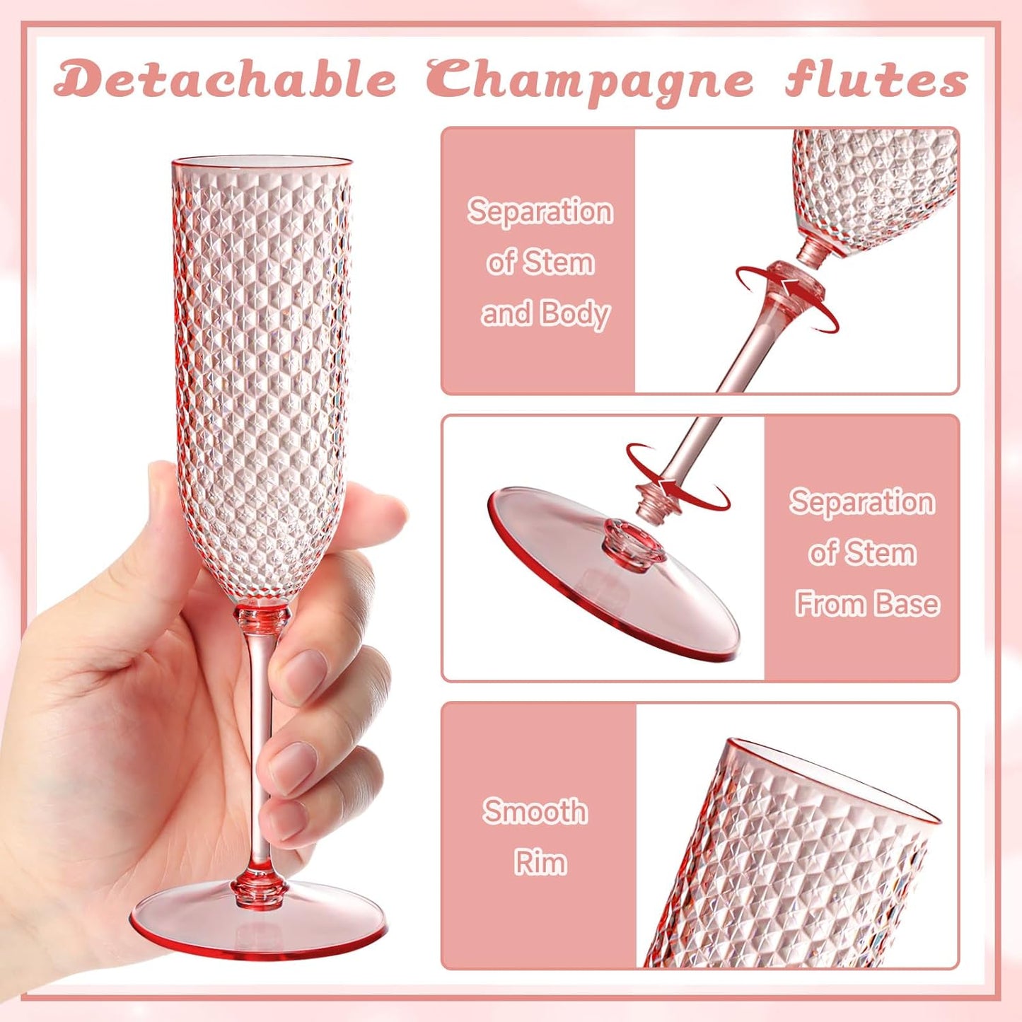 100 Pack Pink Detachable 2 piece Champagne Flutes 5.5 Oz Unbreakable Plastic Mimosa Disposable Champagne Glasses Drinking Cups Stemmed Reusable Wine Toasting Glasses for Wedding (100, Clear Pink)