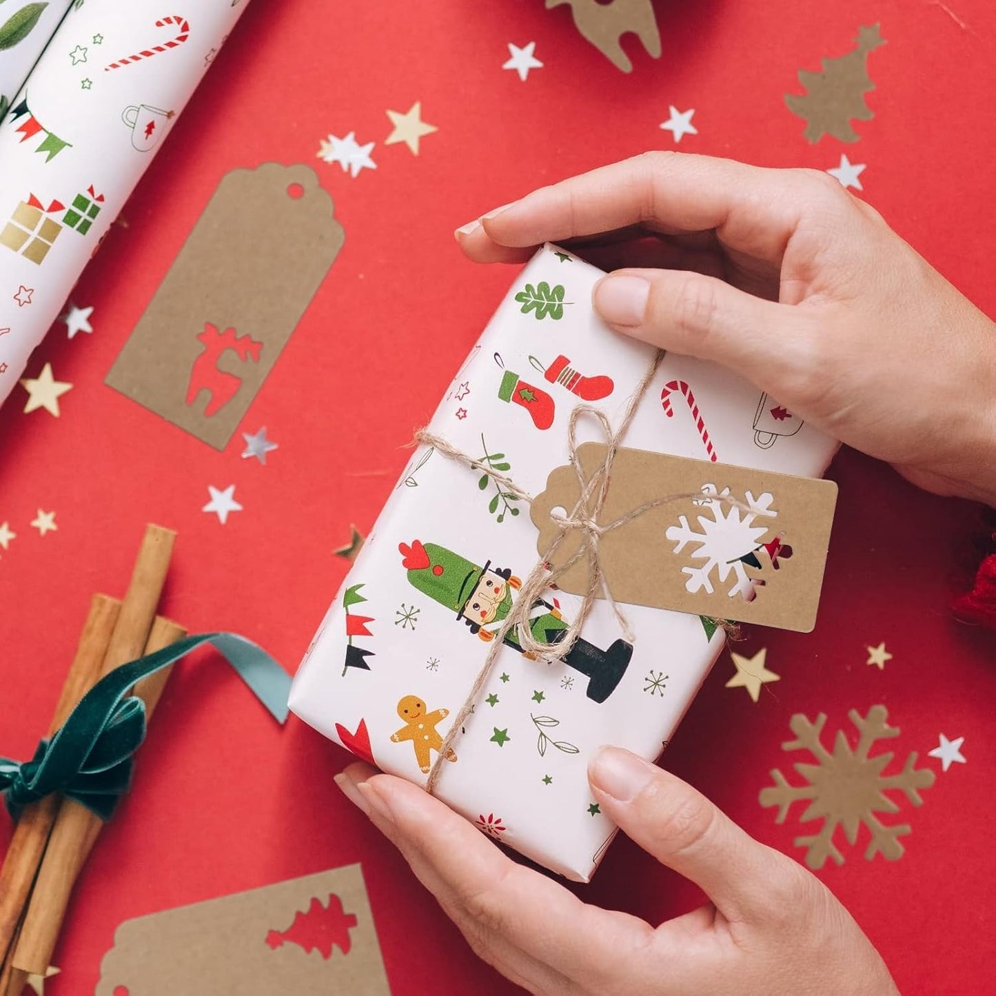 jijAcraft Christmas Gift Tags - 150Pcs Christmas Tags with String, Blank Kraft Paper Hollow Trees, Rudolph, Snowflake Shapes Holiday Labels for Xmas Party Favors, DIY Crafts, Jar