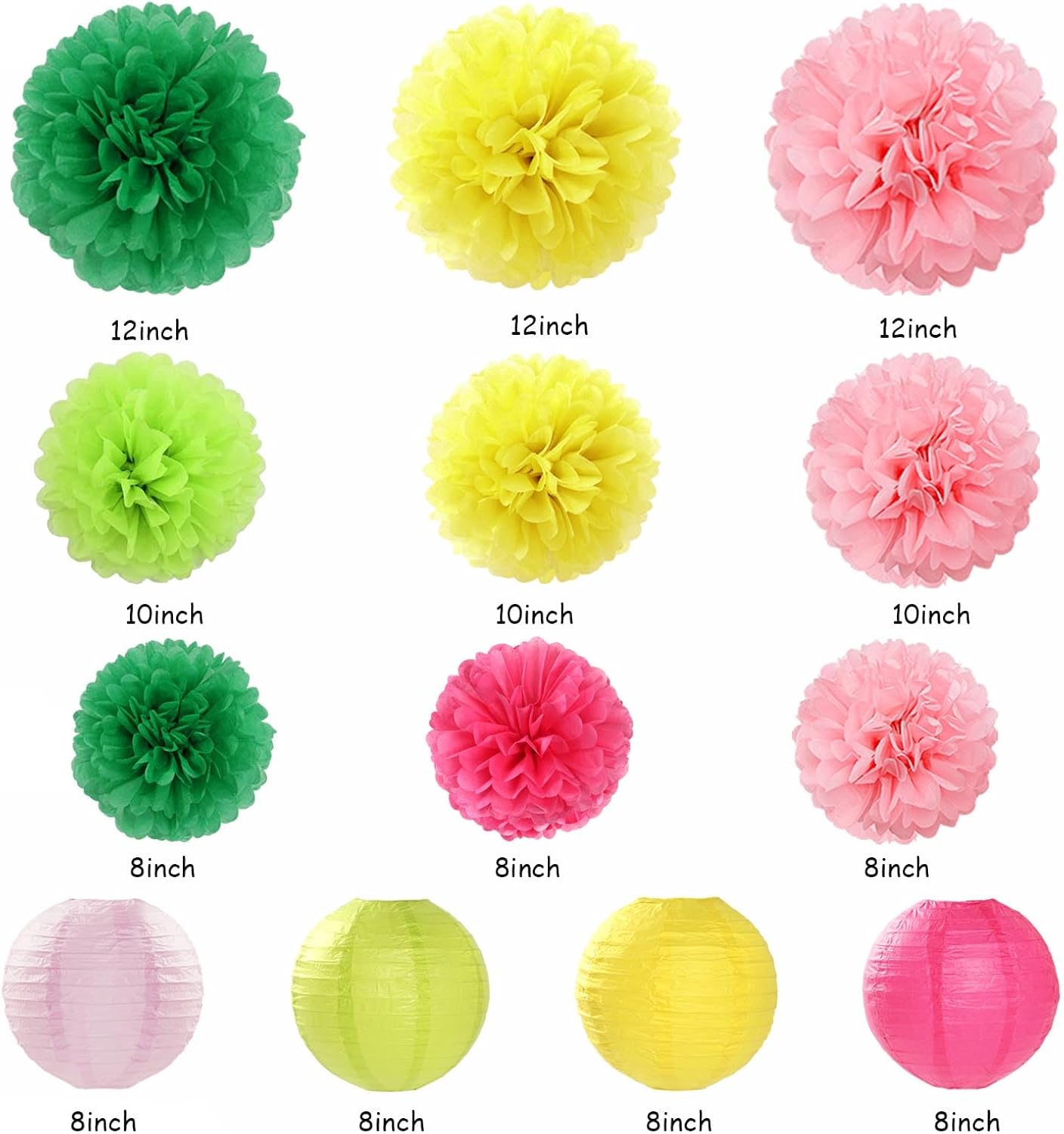 Hawaiian Pink Green-Yellow Party-Decorations - 20pcs Aloha Paper Lanterns Fans,Tissue Pom Poms,Honeycomb Balls,Tropical Pool Jungle Bachelorette Birthday Supplies Summer Beach Burgleda