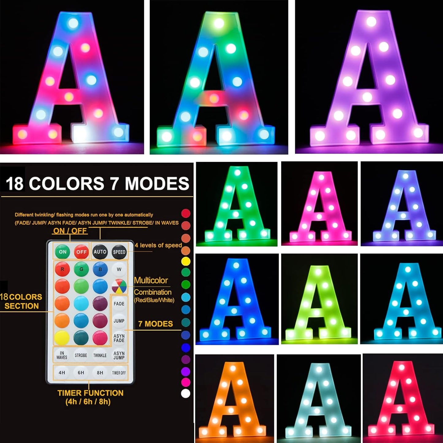 Light Up Colorful LED Marquee Letter lights, 18 Colors Changing Alphabet Letters Sign with Remote Timer for Night Light Girls Bedroom Wedding Birthday Party Lamp Christmas Home Bar Decor- Colorful D