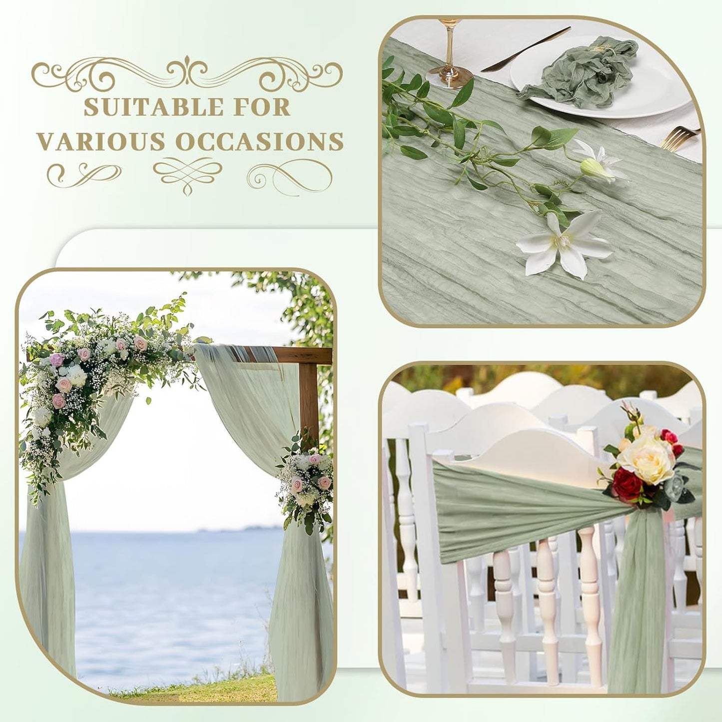 Le courant 6pcs 10Ft Cheesecloth Table Runner, Rustic Boho Gauze Cheese Cloth Runner Table Runner for Weddings Bridal Baby Shower Birthday Holiday Parties Home Decor, Sage Green