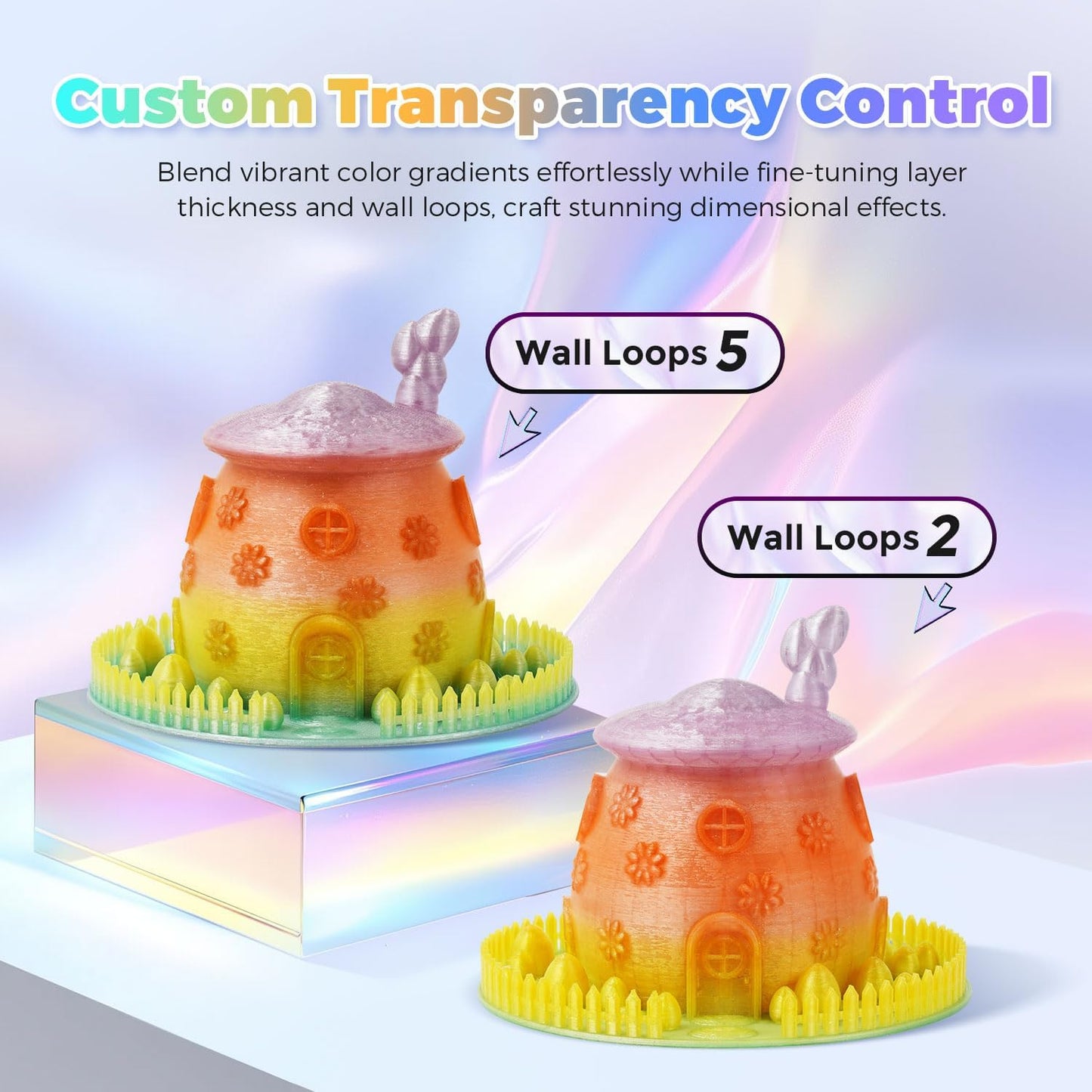 FLASHFORGE Translucent Glitter PLA Crystal Rainbow Candy Filament, Shiny Sparkling Gradient 3D Printer Filament, Fast Color Change Between Yellow Pink Blue Green, Adjustable Transparency