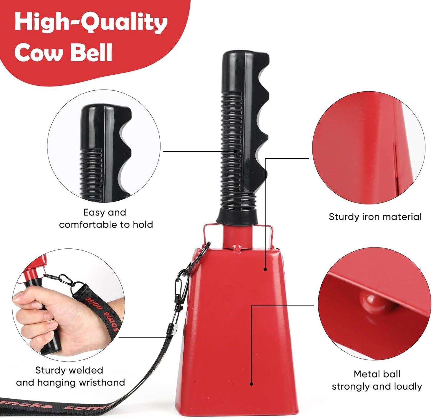 Cow Bells Noise Makers with Handle: Cowbells Hand Percussion for Sporting Events with Wrist Strap - 2pcs 8 Inch Large Loud Cheering Bell for Football Games Graduation (Red)