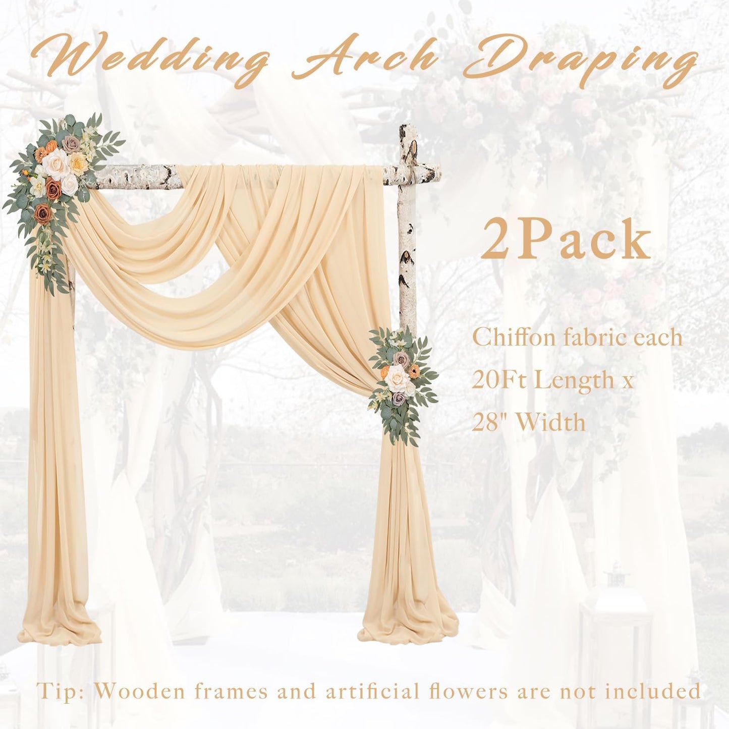 2 Panels Wedding Arch Draping Fabric 20Ft Length x 28" Width Champagne Arch Drapes Chiffon Fabric Sheer Curtains Backdrop for Party Bridal Decorations Wedding Ceremony Ceiling Stage Reception Decor