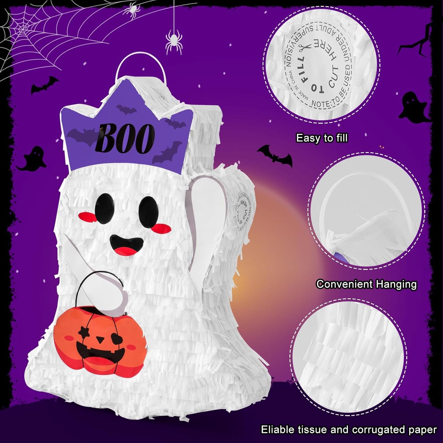 VINTS Halloween Piñata,Cute Ghost Piñata with Blindfold Stick,Pinata for Kids Birthday Party,Trick or Treat Game,Halloween Theme Parties Decorations(16.54×12.20×3.15 in)