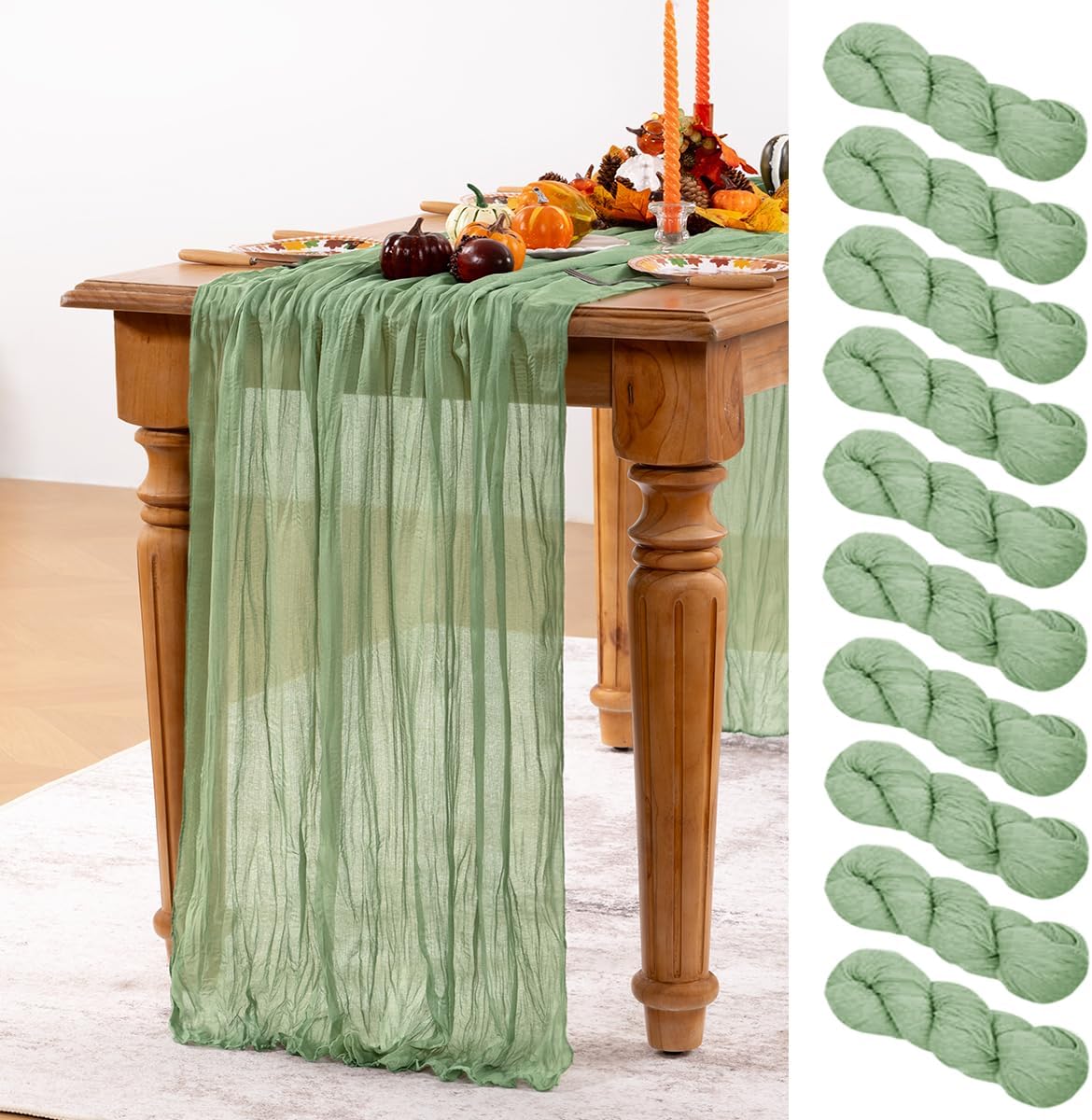 Sage Green Cheesecloth Table Runner 10 Pack Fall Table Runners Boho Gauze 120 Inches Sage Cheese Cloth Fall Table Decorations for Thanksgiving Wedding Bridal Baby Shower Tea Party
