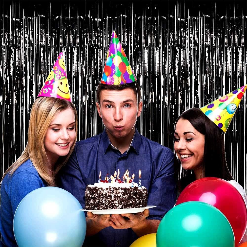 4 Pack Black Foil Fringe Curtain Backdrop, 3.28Ft x 8.2Ft Metallic Tinsel Streamer Curtains for Party, Photo Booth Props, Birthday, 2022 Graduation Decoration Party Supplies
