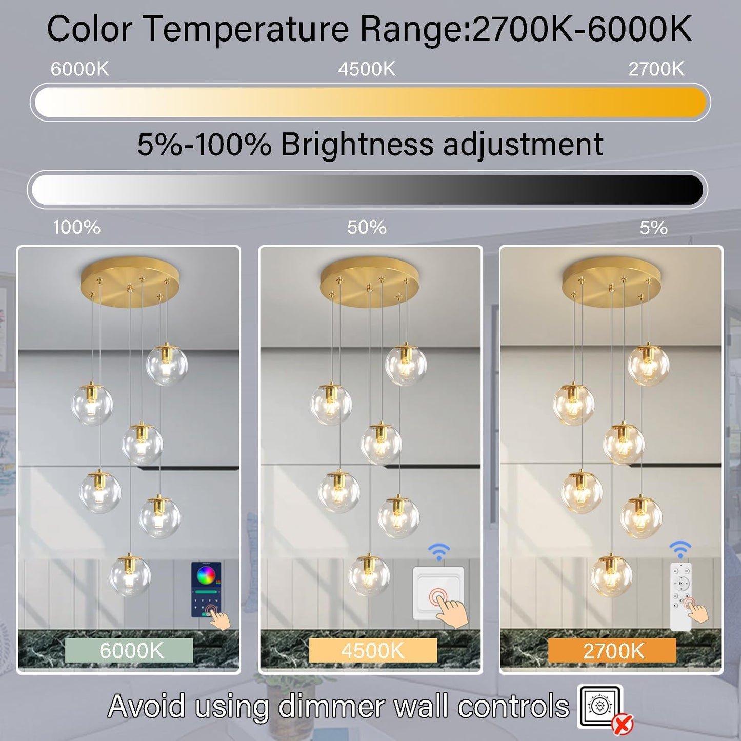 H 87in Modern Glass Globe Chandelier 6-Lights Pendant Light for Staircase Mid Century Globe Chandelier Clear Glass Hanging Lighting for Living Room Bedroom Entryway