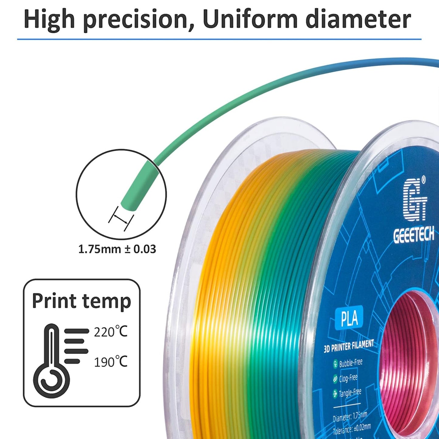 Geeetech Rainbow PLA Filament 1.75mm, 3D Printer Multicolor Filament, Color Changing Filament 1kg (2.2lbs) 1 Spool, Dimensional Accuracy +/- 0.02 mm