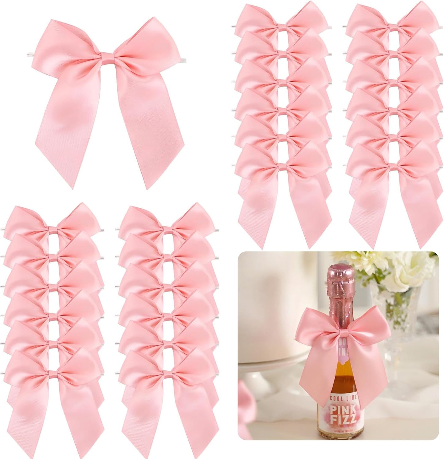 4.5" Satin Ribbon Pink Bows for Gift Wrapping, Twist Tie Bows, Cute Bows for Crafts, Party Favors, Premade Bows Pre-Tied Decorative Bows for Flower Bouquets Candy Apple Bows-24 Counts