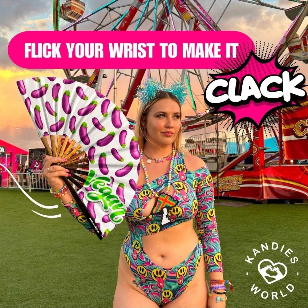 Kandies World UV Reactive Custom Festival Folding Hand Fan - Unique Designs, Made of Bamboo, Clacking Sound, Lightweight - Perfect Rave and Festival Accessory!