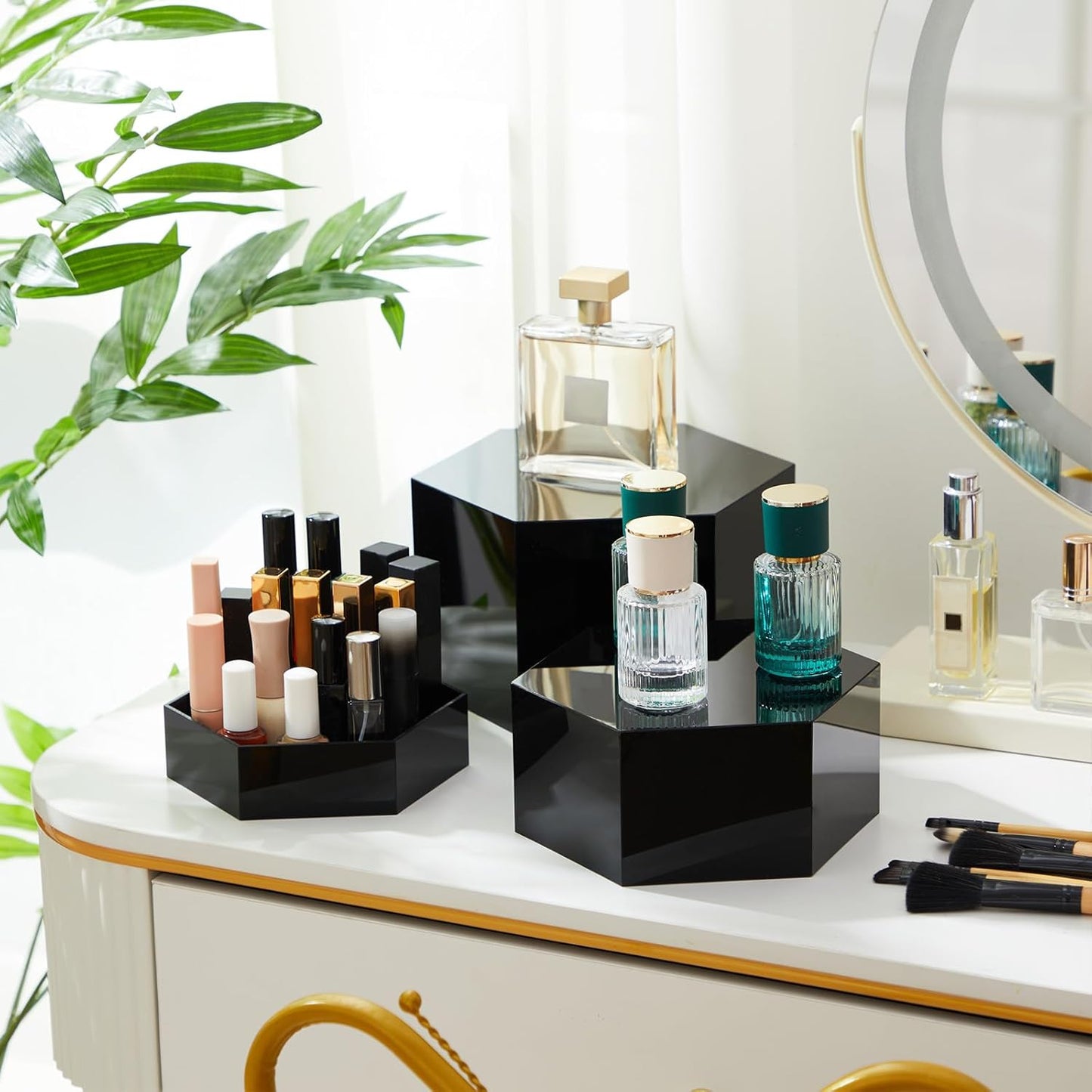 Leinuosen 7 Pcs Large Buffet Risers Set 6" to 12" Acrylic Display Box Catering Dessert Table Riser Food Display Decorative Stand with Hollow Bottom for Catering Supplies (Black, Hexagonal)