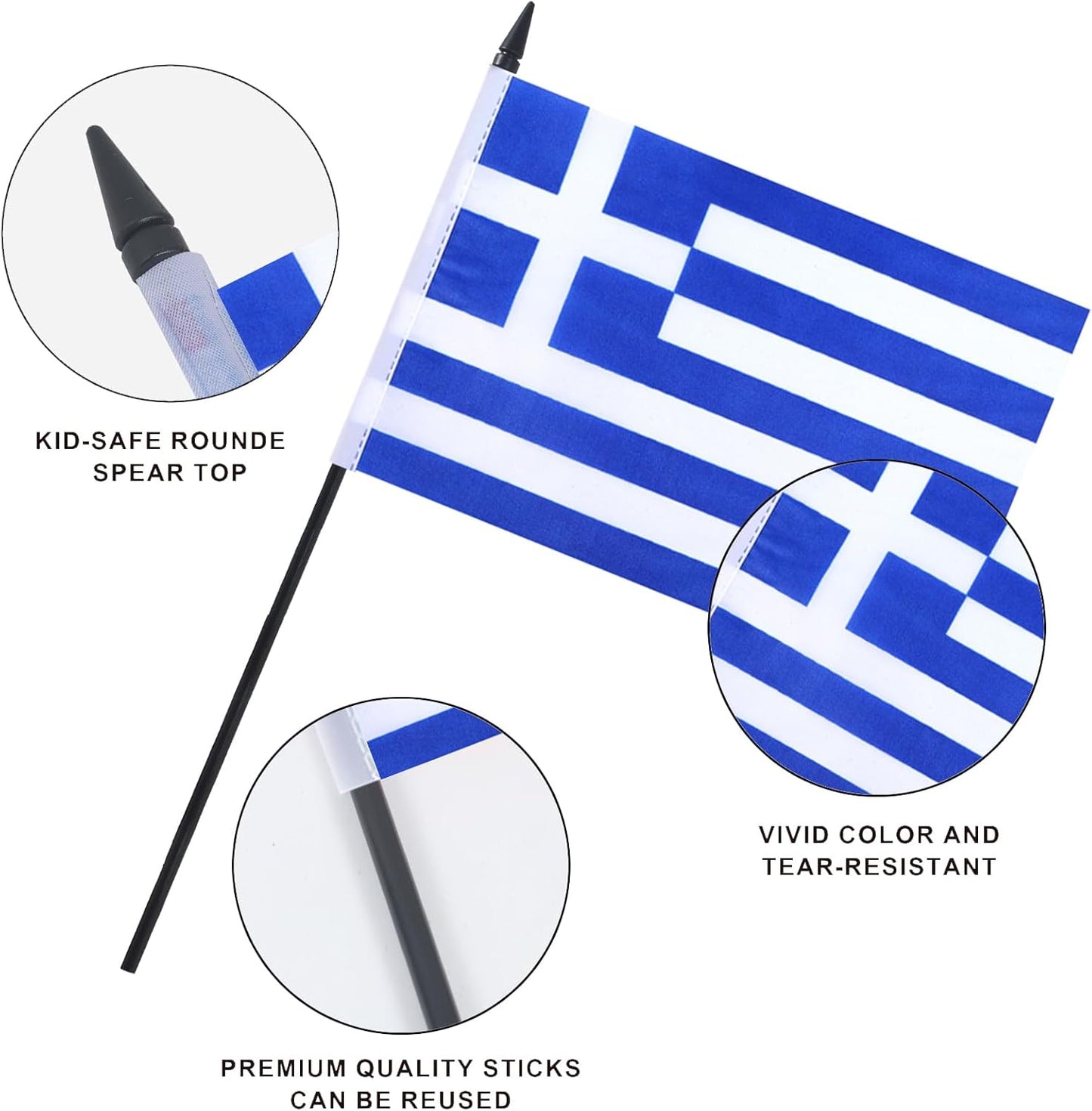 Greece Desk Flag 12" Solid Pole Deluxe Set Greek Flags Banner Mini Small Greece Office Table Flags with Black Stand Base Desktop Decorations(2Pack)