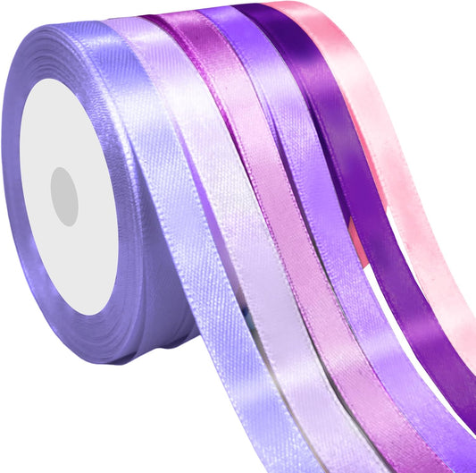 3/8" 6 Colors X 25 Yards Purple Satin Ribbon,150 Yards Assorted Colors Satin Ribbons for Flower Bouquet,Ribbons for Gift Wrapping Happy Birthday Party Decorations