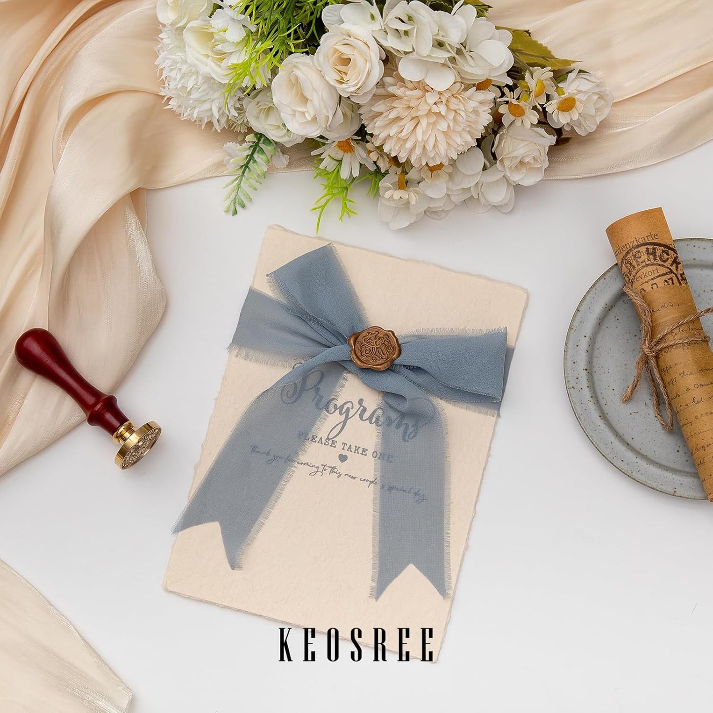 3 Rolls Dusty Blue Handmade Chiffon Ribbon,1.5" x 21Yd Frayed Fringe Silk Ribbons (3 Rolls *7Yd) for Gifts Wrapping, Wedding Invitations, Bridal Bouquets, Decorations