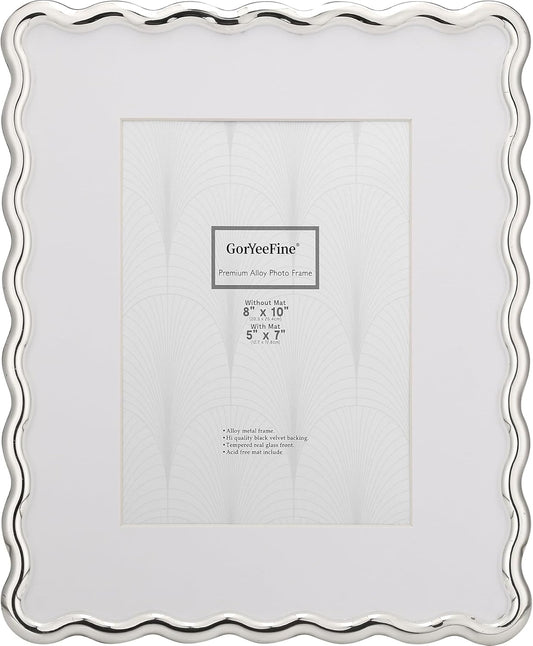 Silver 8x10'' Wave Design Photo Frame with Acid Free Mat for 5x7'',High-End Zinc Alloy Picture Frames with Velvet Back,Fashionable Style Silver frames 7x5''