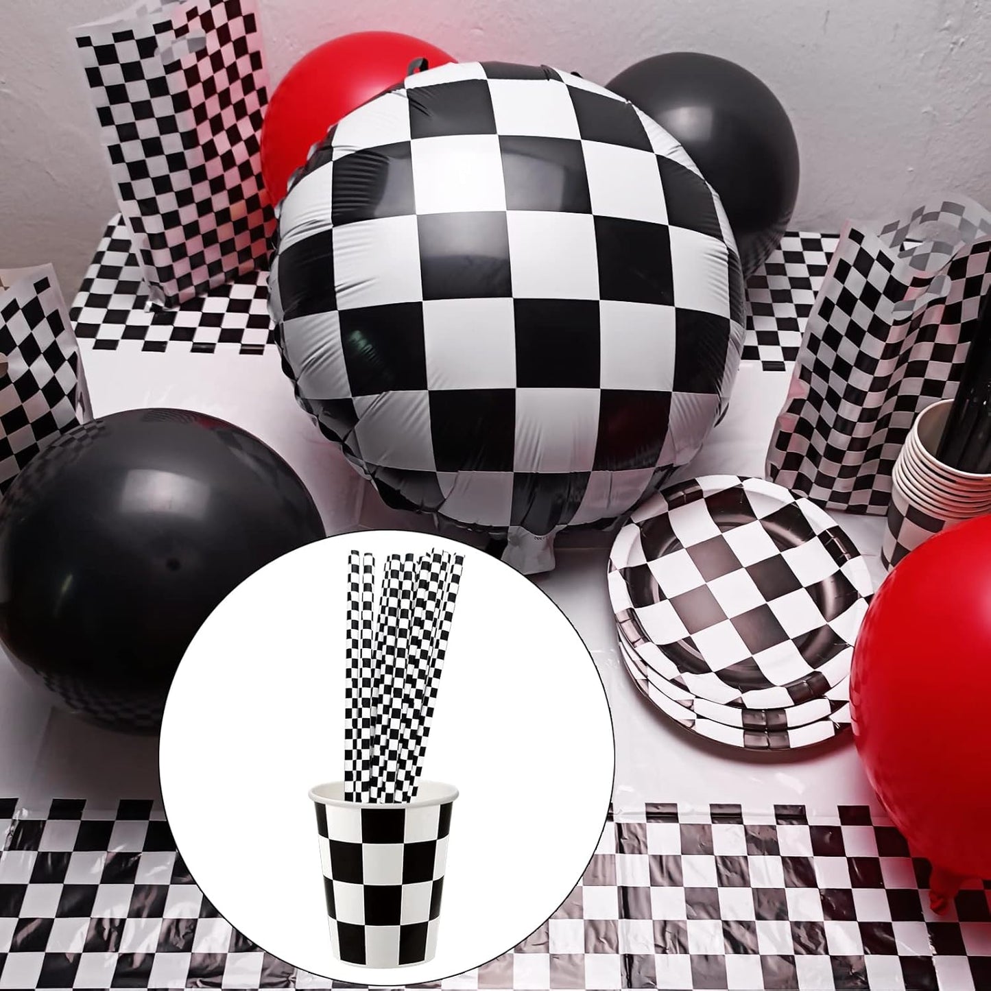 50 Pcs Checkered Flag Paper Straws Racing Car Straws Black and White Checkered Drinking Straws for Racing Birthday Party Decorations, Standard, Black/White