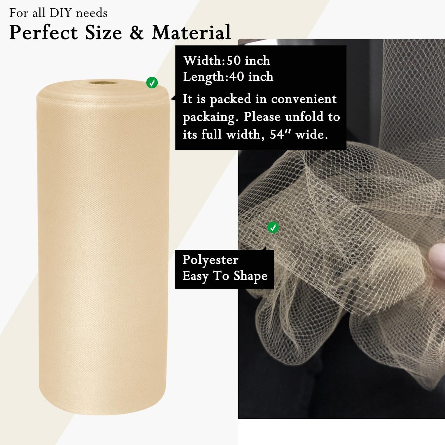 Honey Beige Tulle Fabric Rolls 54 Inch by 40 Yards Tulle Bolt Spool for Wedding Decorations DIY Tutu Baby Shower Table Skirt Ceiling Decor Birthday Party Craft Supplies