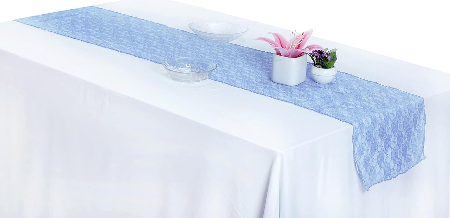 MDS Pack of 10 Wedding 12 x 108 inches Lace Table Runner for Wedding, Decorations for Birthday Parties, Banquets, Graduations, Engagements, and Runners fit Rectangle, Round Table- Baby Blue
