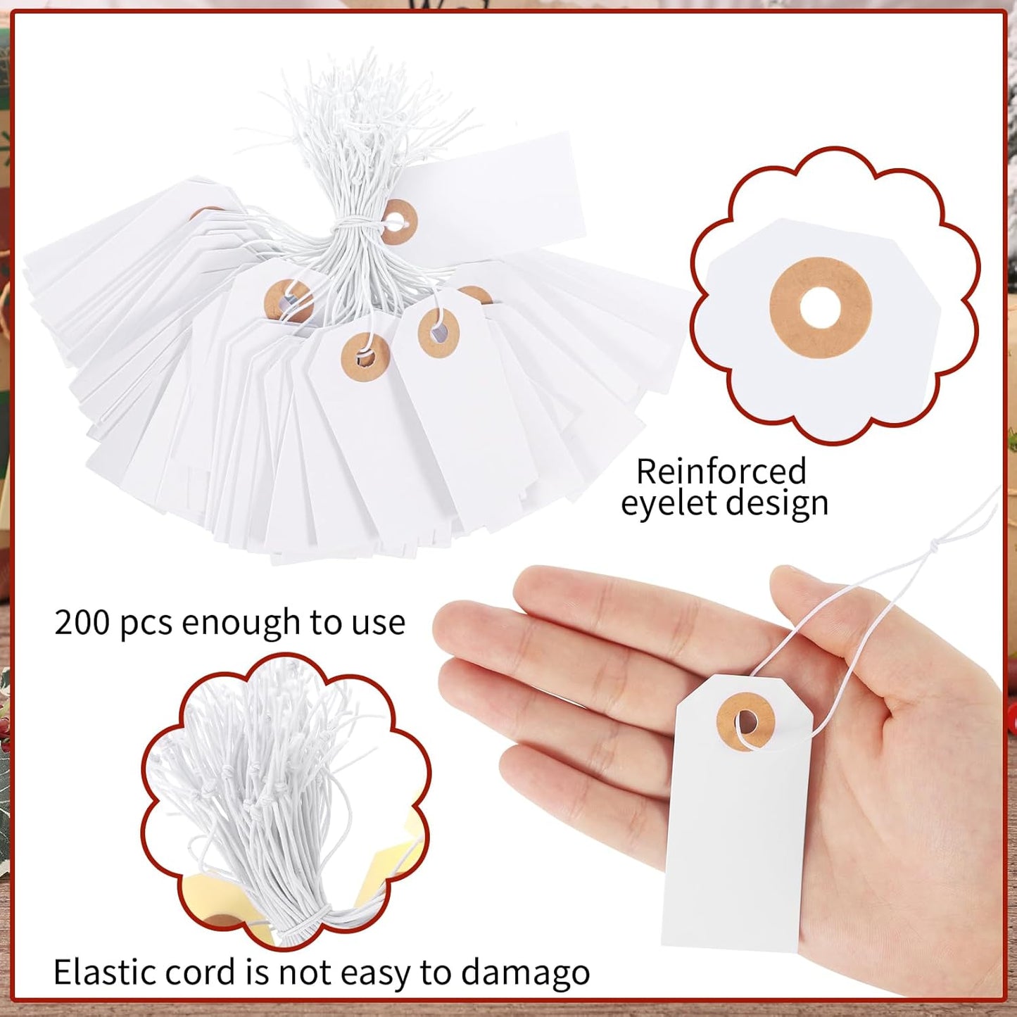 200 Pack White Blank Tags with Elastic String Marking Hang Tags Attached Reinforced Hole Writable Gift Tag for Christmas Gifts Stocking Stuffers 2.75'' x1.37''