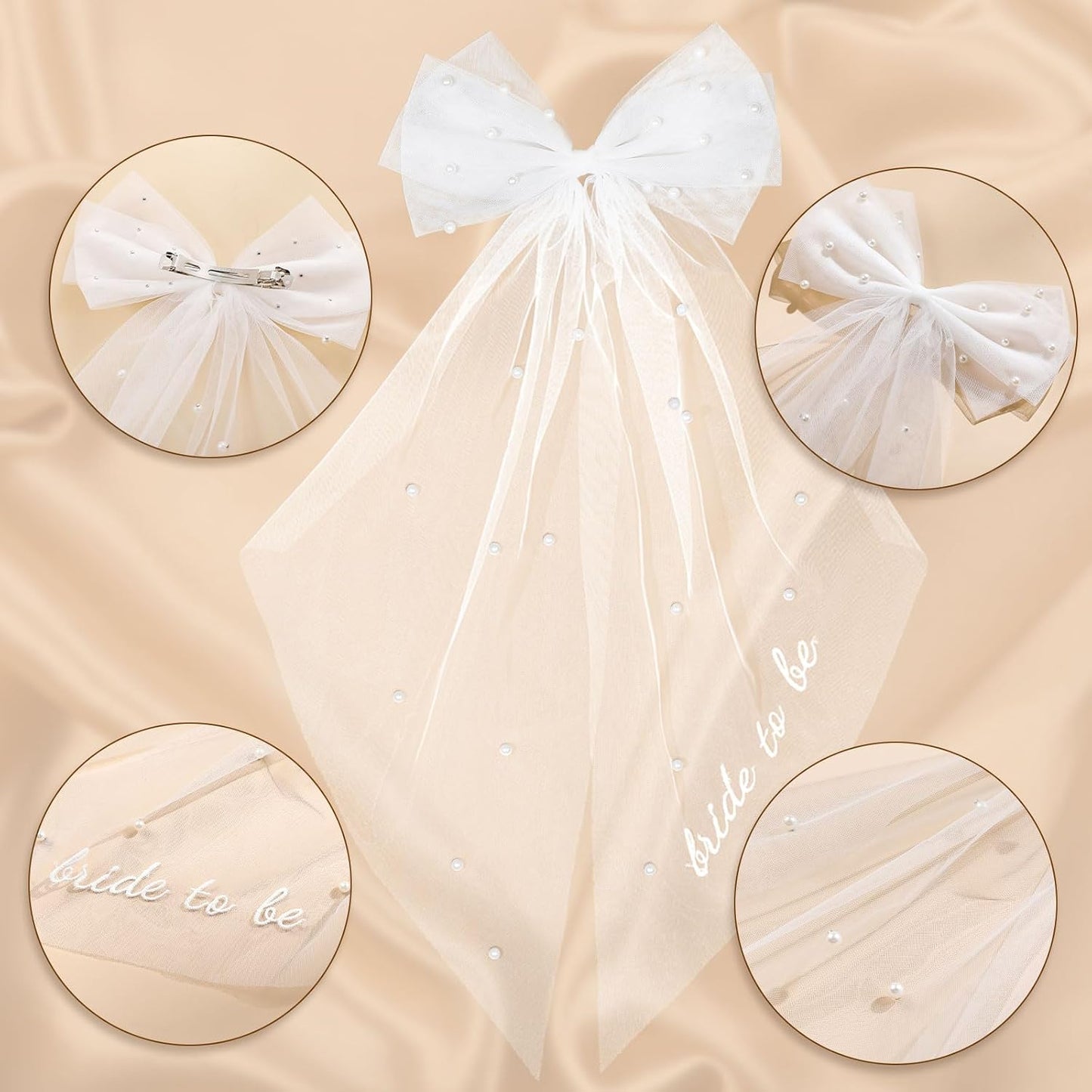 Bride to Be Bridal Wedding Veils Bachelorette Party Accessories Pearl Hair Bow Veil for Women and Girls Bridal Shower Bridesmaid Gift