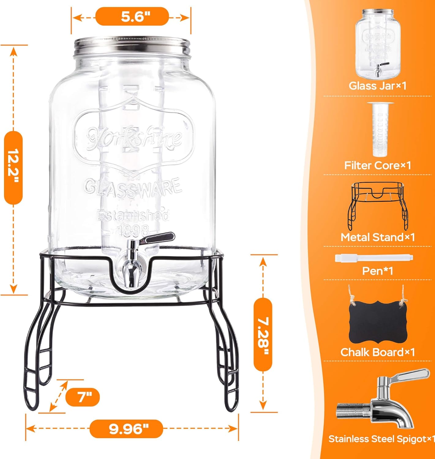 2 Gallon Glass Drink Dispenser for Parties, Beverage Dispenser with Stand, Lemonade Dispenser with 18/8 Stainless Steel Spigot, Leakproof for Sun Tea, Juice, Picnic, BBQ & Bars