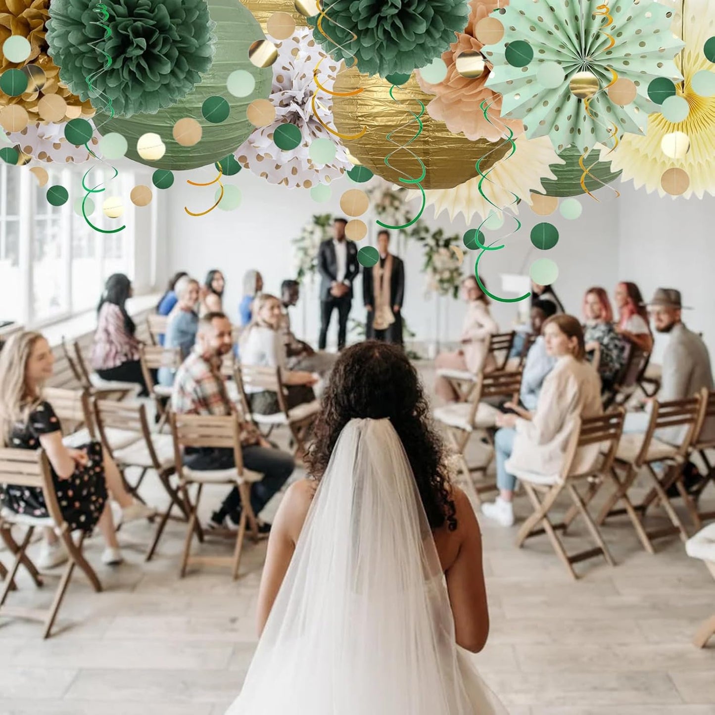 23PCS Sage Green Party Decoration,Green Paper Lanterns Fans,Pom Poms Flowers,Hanging Party Garland for Women Girls Boys Adults Birthday Party,Wedding,Baby Shower,Bridal Shower Party Decor