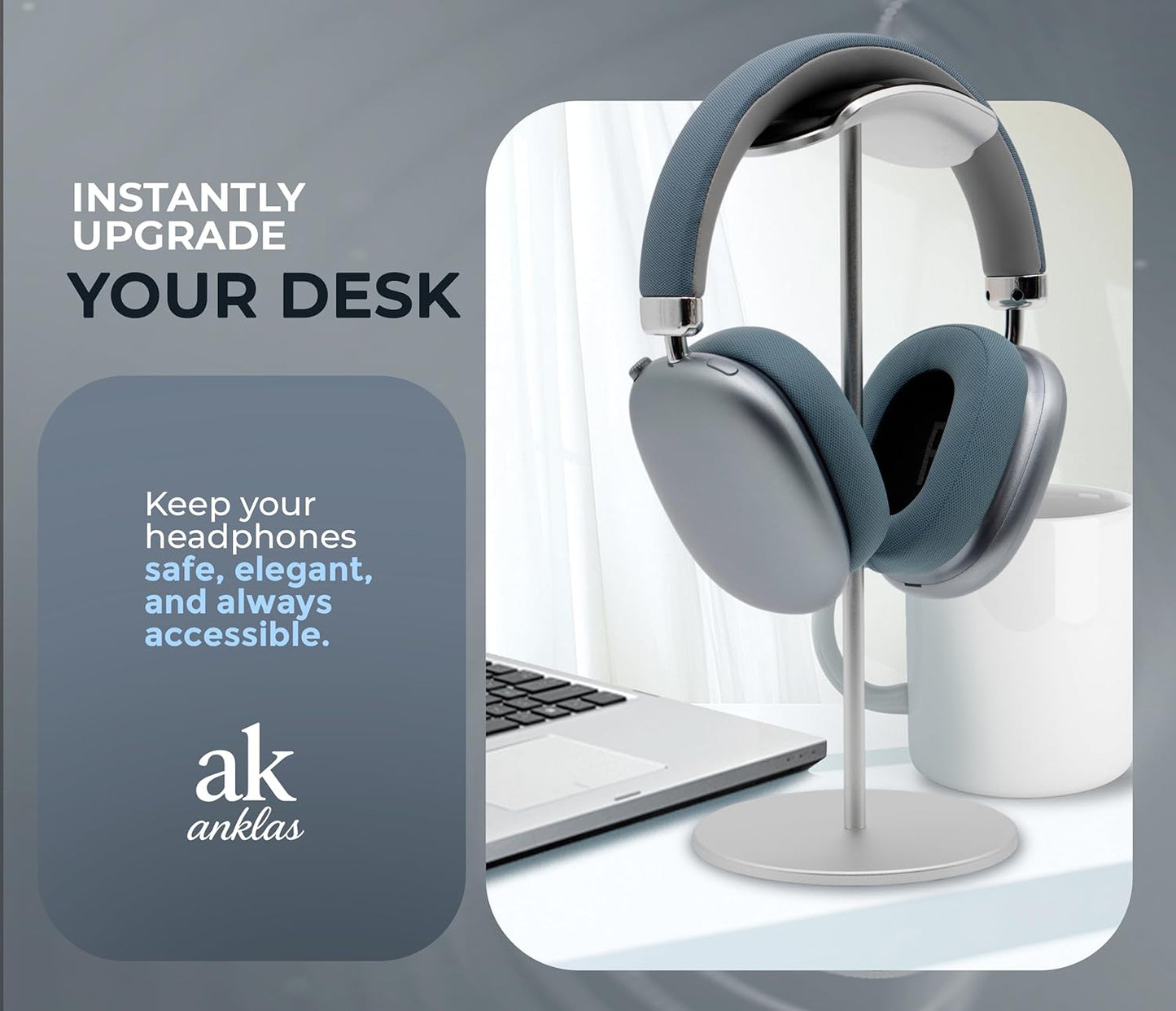 Headphone Stand for Desk – Premium & Minimalist Headset Holder with Round or Oval Base for Gaming, Office & Home (Silver Rubber, Standard)