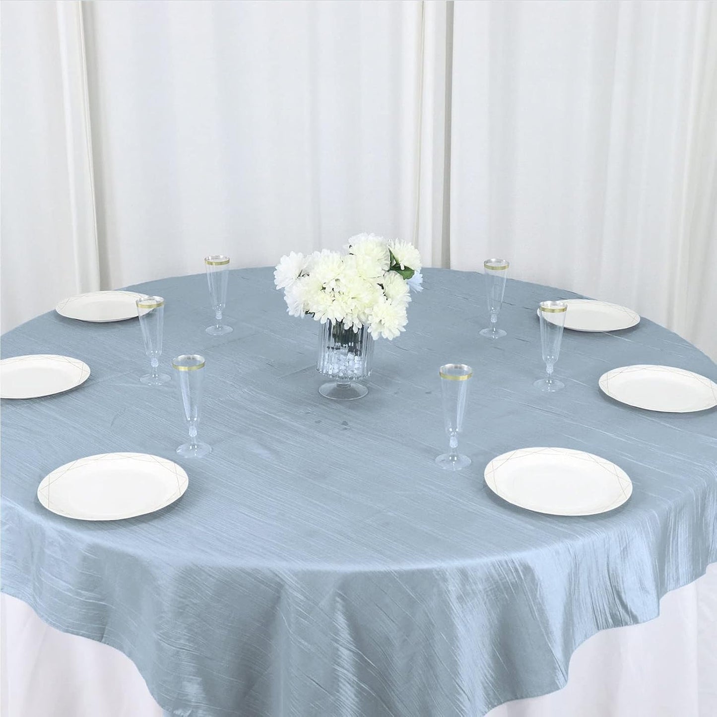 Tableclothsfactory 72"X72" Dusty Blue Accordion Crinkle Taffeta Table Overlay, Square Tablecloth Topper