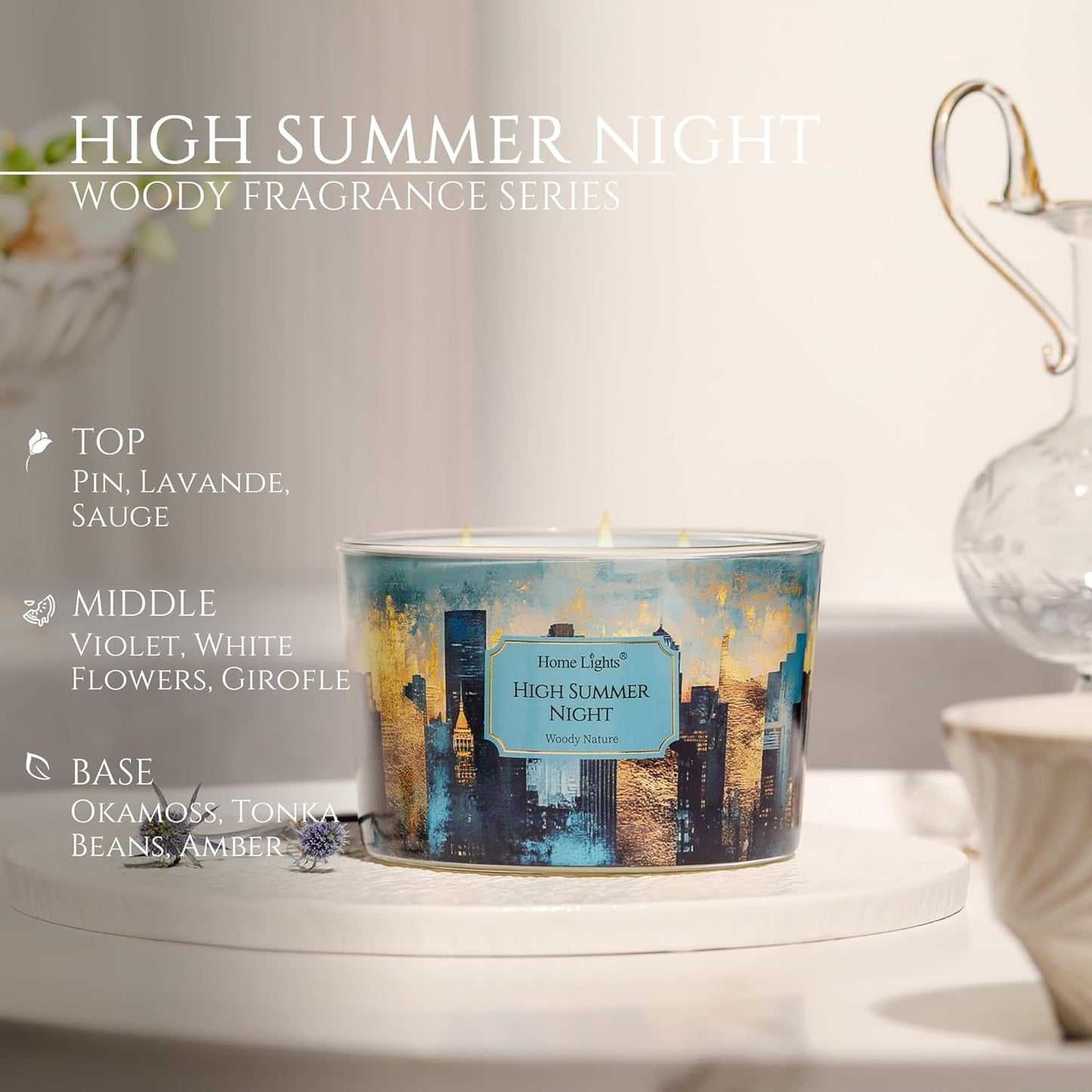 HomeLights High Summer Night Scented Candles | 18oz Soy Candles Industrial Chic 4-Wick Large Candle Jars | Ideal Candle Gifts for Events, Home Decor Stress, Relief & Relaxation
