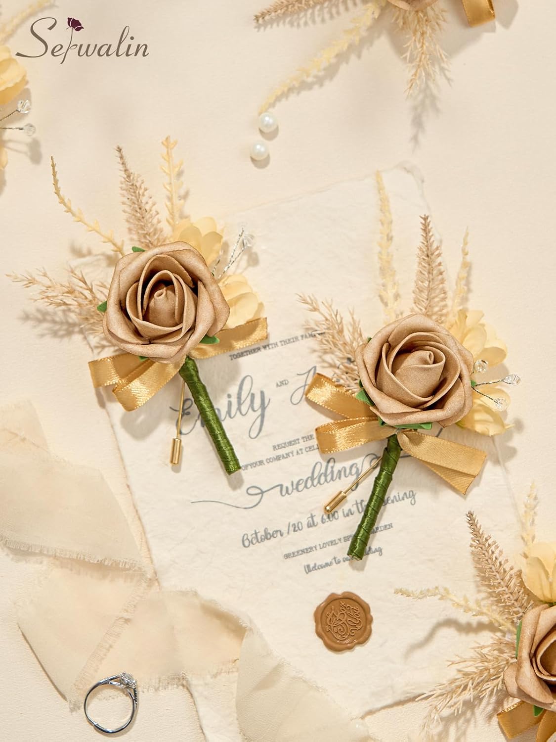 Serwalin 10Pcs Boutonniere for Men, Khaki Groom and Best Man Boutonniere, Artificial Flowers for Wedding Decor, Prom, Homecoming, Ceremony Anniversary, Formal Dinner Party