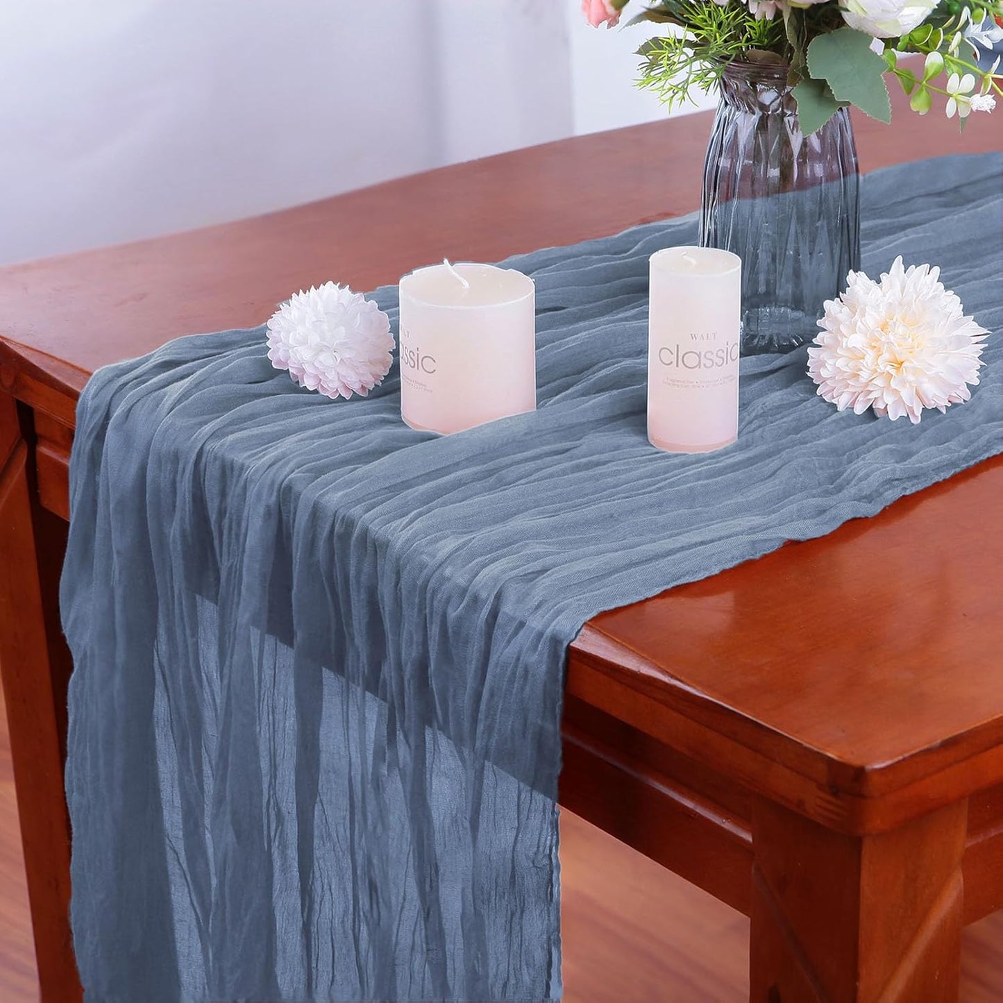 4 Pack Dusty Blue Cheesecloth Table Runner 35x120 Inch Boho Gauze Fabric Cheese Cloth Table Runner 10Ft Rustic Romantic Sheer Table Runners for Wedding Party Bridal Baby Shower Long Table Decoration