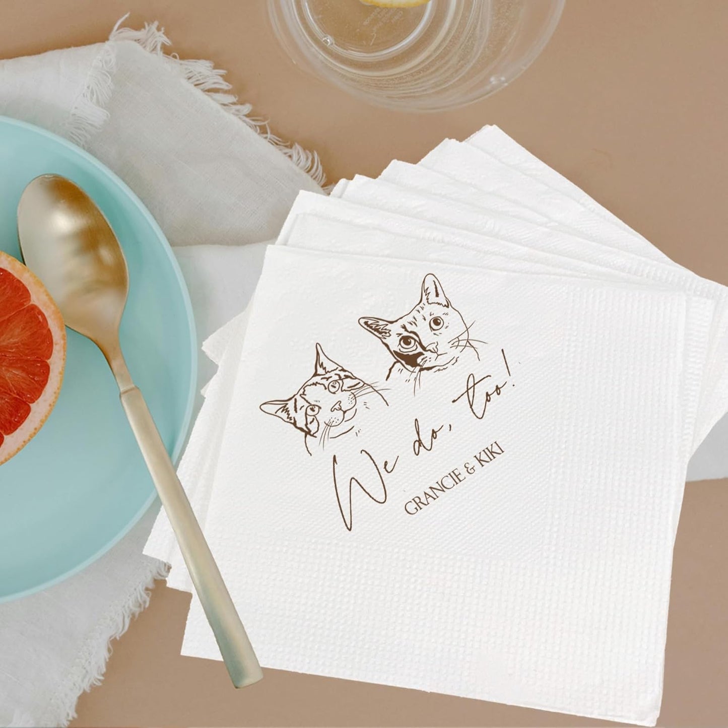 Luxury Personalized Illustrated Cat Wedding Napkins, Personalized Photo Napkins for Cat, Custom Wedding Cocktail, Bridal Shower, Engagement Party