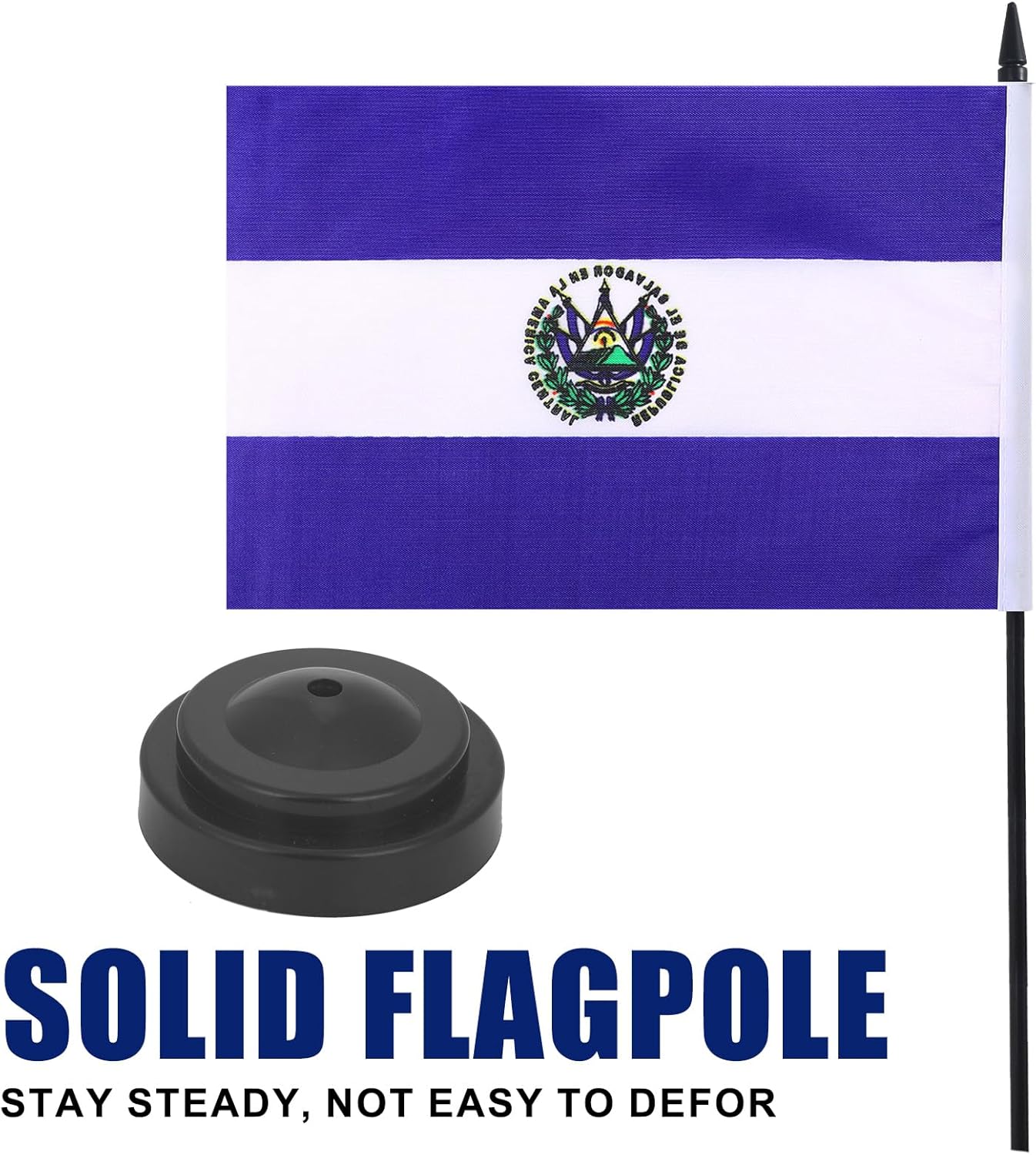 El Salvador Desk Flag 12" Solid Pole Deluxe Set Salvador Flags Banner Mini Small El Salvador Office Table Flags with Black Stand Base Desktop Decorations(2Pack)
