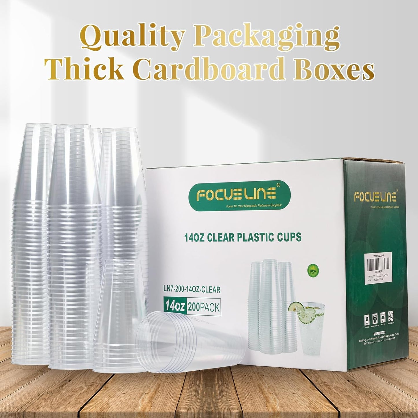 FOCUSLINE 200 Pack 14 oz Clear Plastic Cups, Large Disposable Cups Plastic Party Cup, 14 Ounce Heavy duty Clear Cups for Thanksgiving, Halloween, Christmas