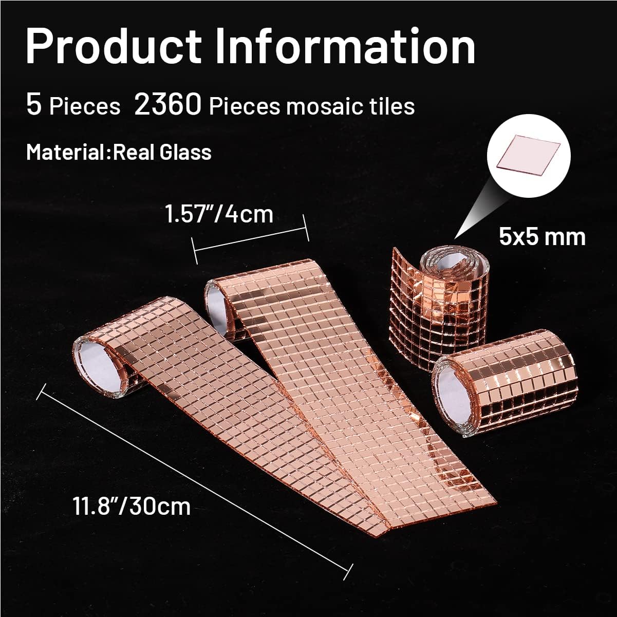 PP OPOUNT 2360 Pieces Self-Adhesive Mosaic Tiles, 5 x 5 mm Disco Tiles, Real Glass Mirror Mosaic for DIY Disco Balls, Indoor Decoration, Vases, Cups, Photo Frames (Rose-Gold)