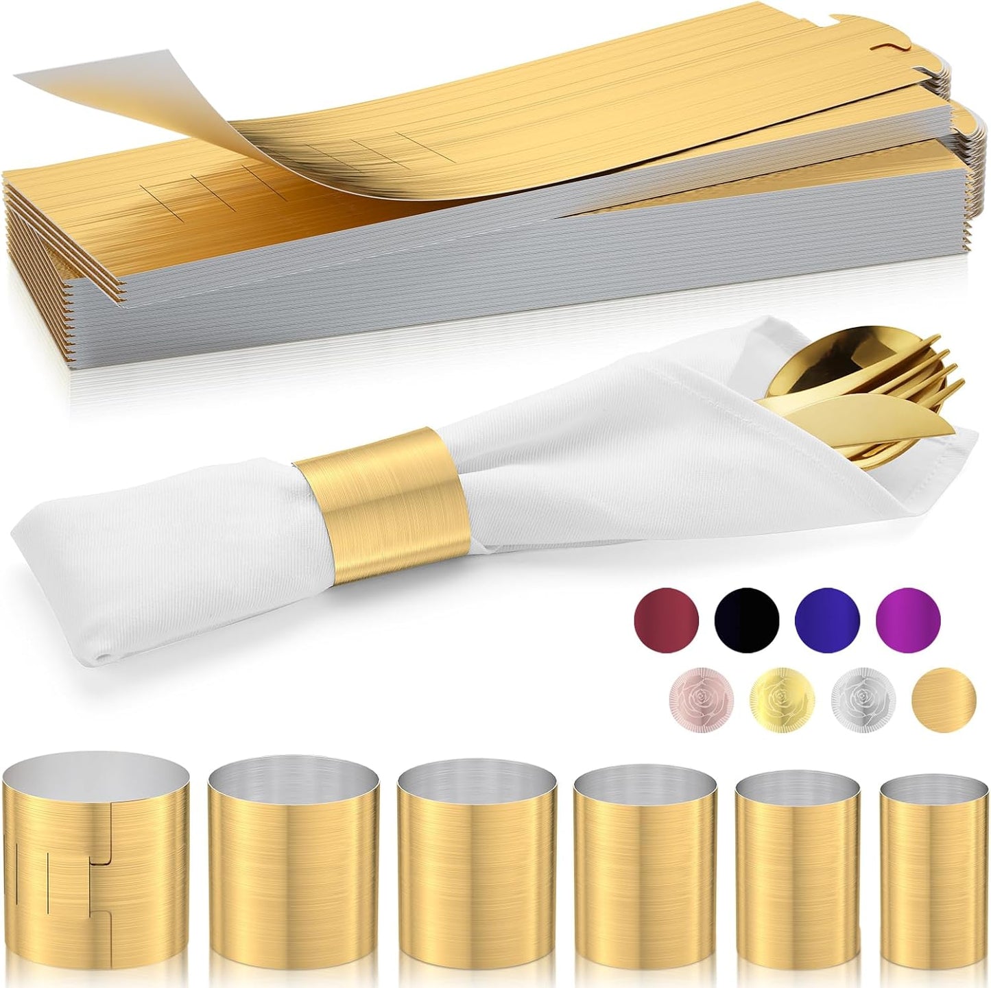 Polymer Material Reusable Napkin Band, Glue-Free Tear-Proof Water Resistant Oil-Proof Napkin Bands Set of 100(Front Brushed Gold Color and Back Silver), 6 Adjustable Sizes Napkin Rings
