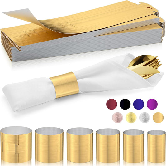 Polymer Material Reusable Napkin Band, Glue-Free Tear-Proof Water Resistant Oil-Proof Napkin Bands Set of 100(Front Brushed Gold Color and Back Silver), 6 Adjustable Sizes Napkin Rings