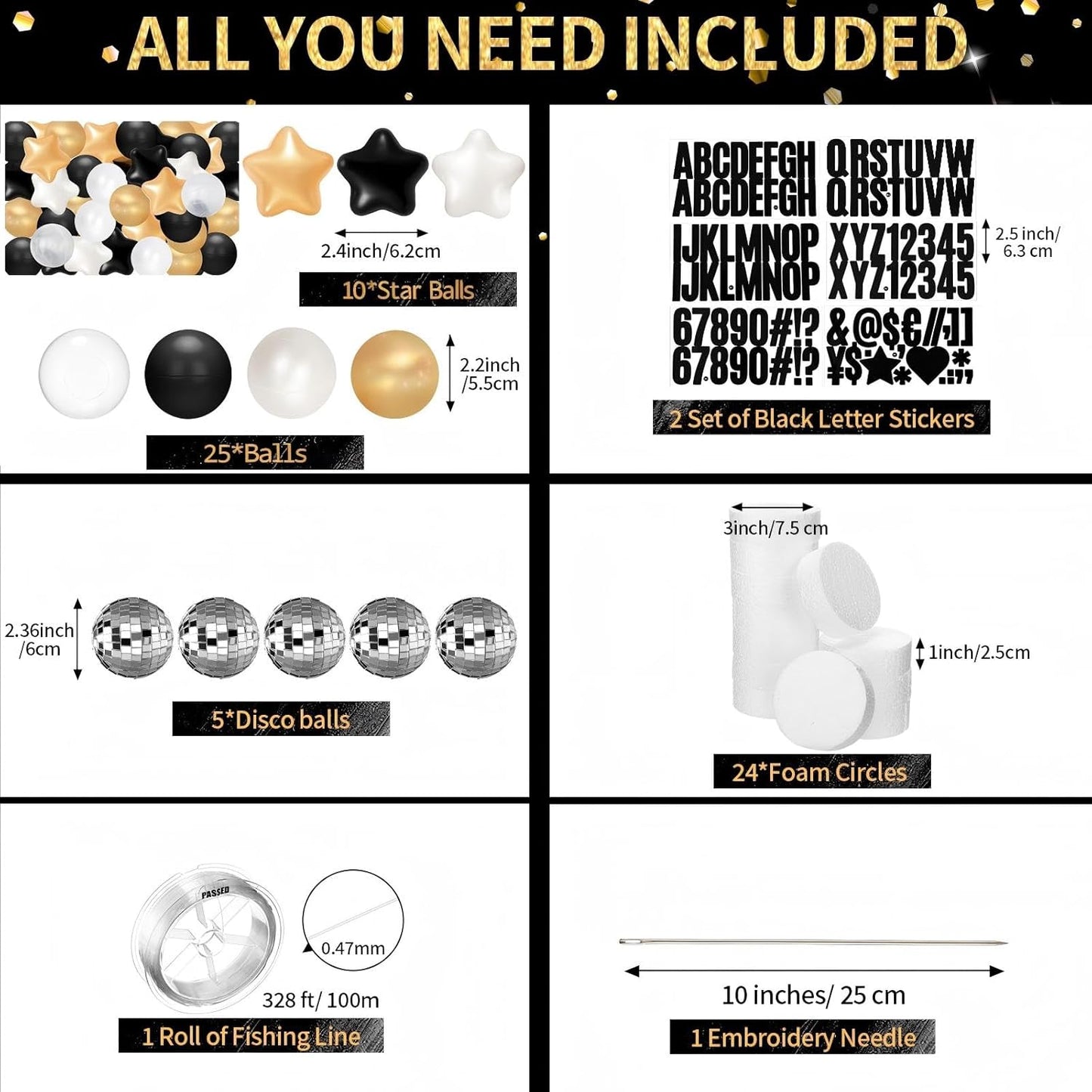 Giant Friendship Bracelet Garland Kit, DIY Birthday Banner with Letters Ball Jumbo Customizable Friendship Bracelet Decor for Halloween Christmas Wedding Party(Black, Gold, White)